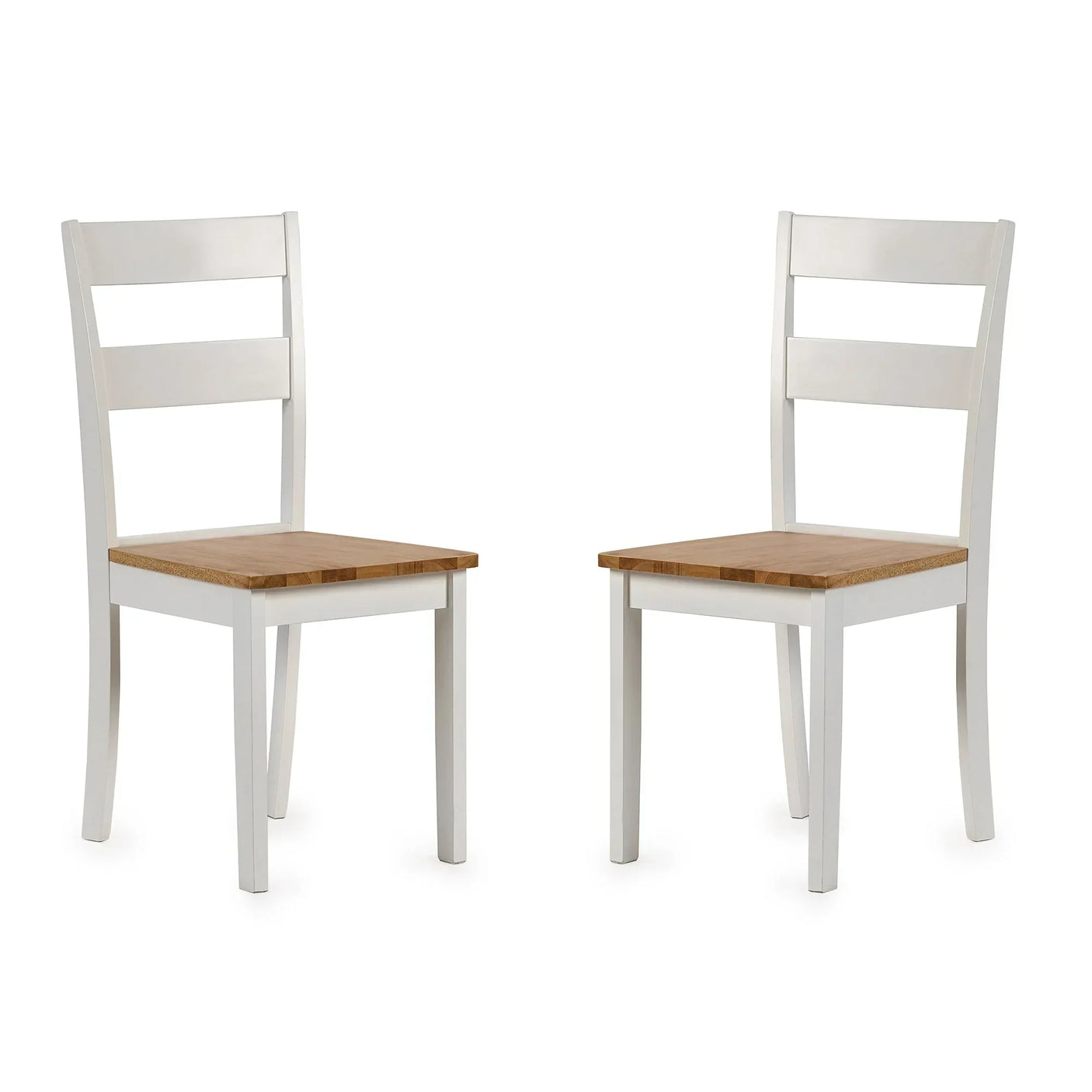 Pair of wooden dining chairs with white frames and natural oak seats
