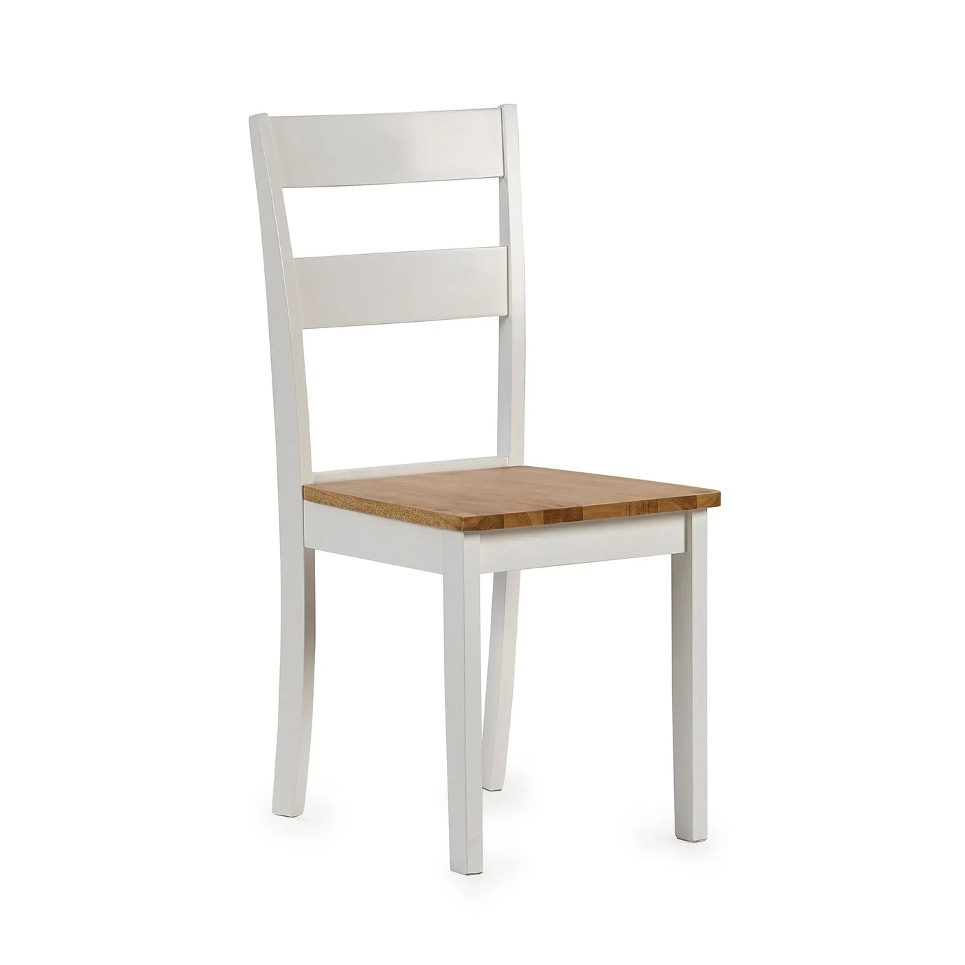 Wooden dining chair with white frame and natural wood seat, angled view