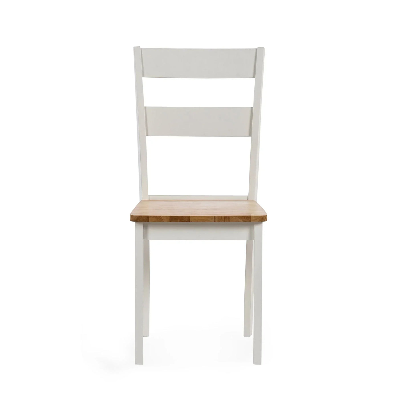 White wooden dining chair with natural wood seat and slatted back, front view