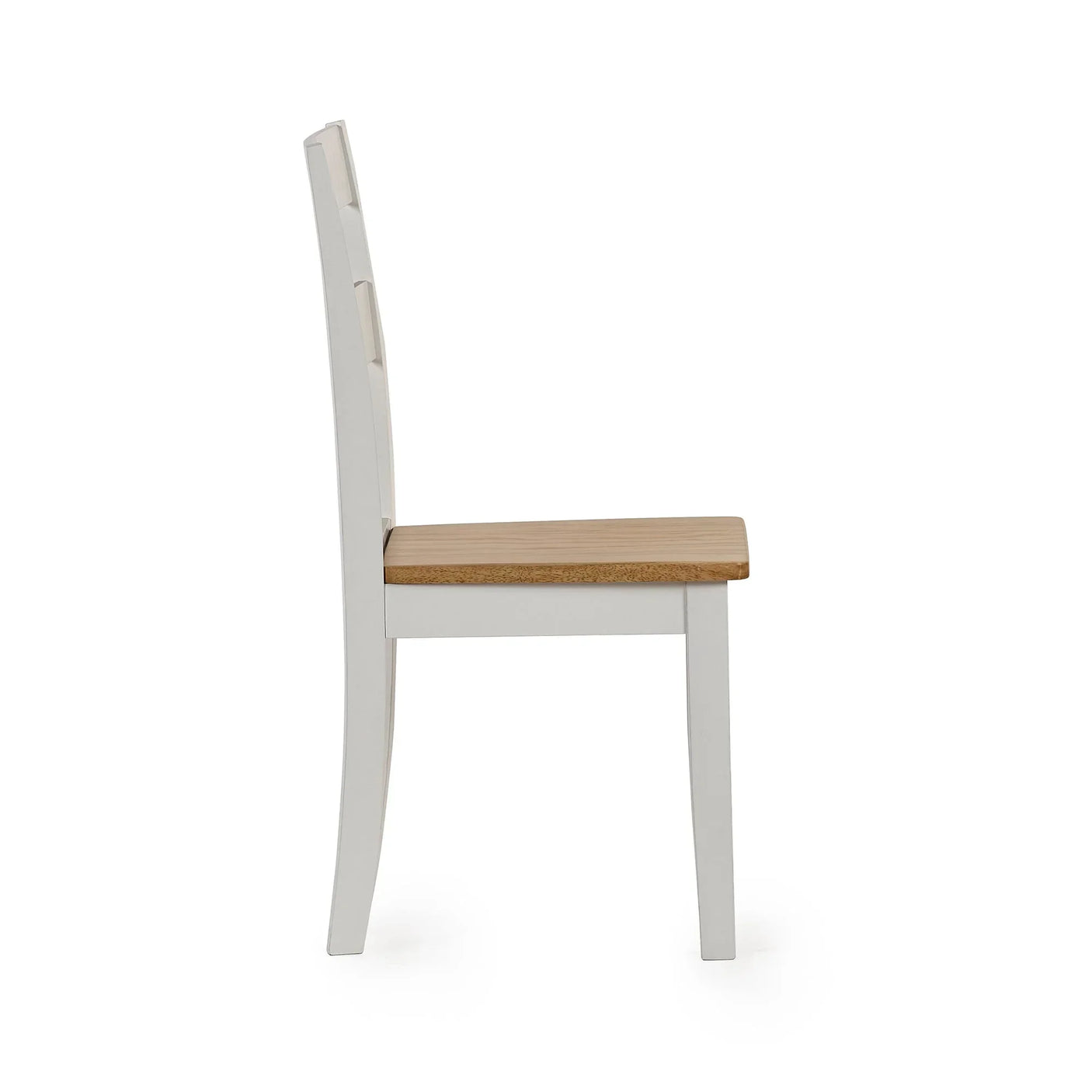 Side view of dining chair with white wooden frame and light oak seat