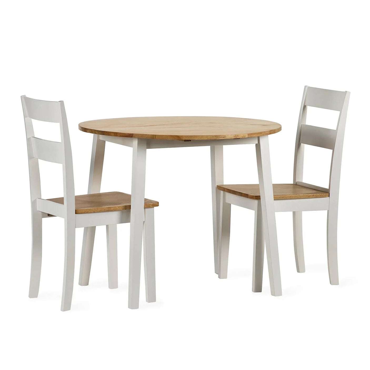 Wooden dining table with round top and two matching dining chairs in white and oak finish