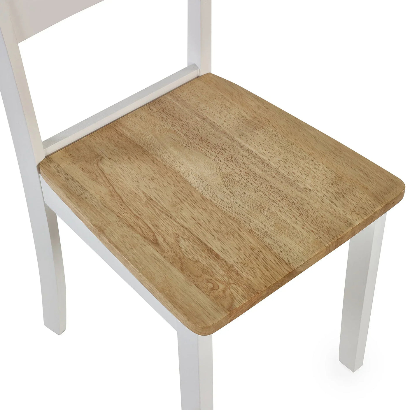Close-up of wooden dining chair seat with white legs and frame