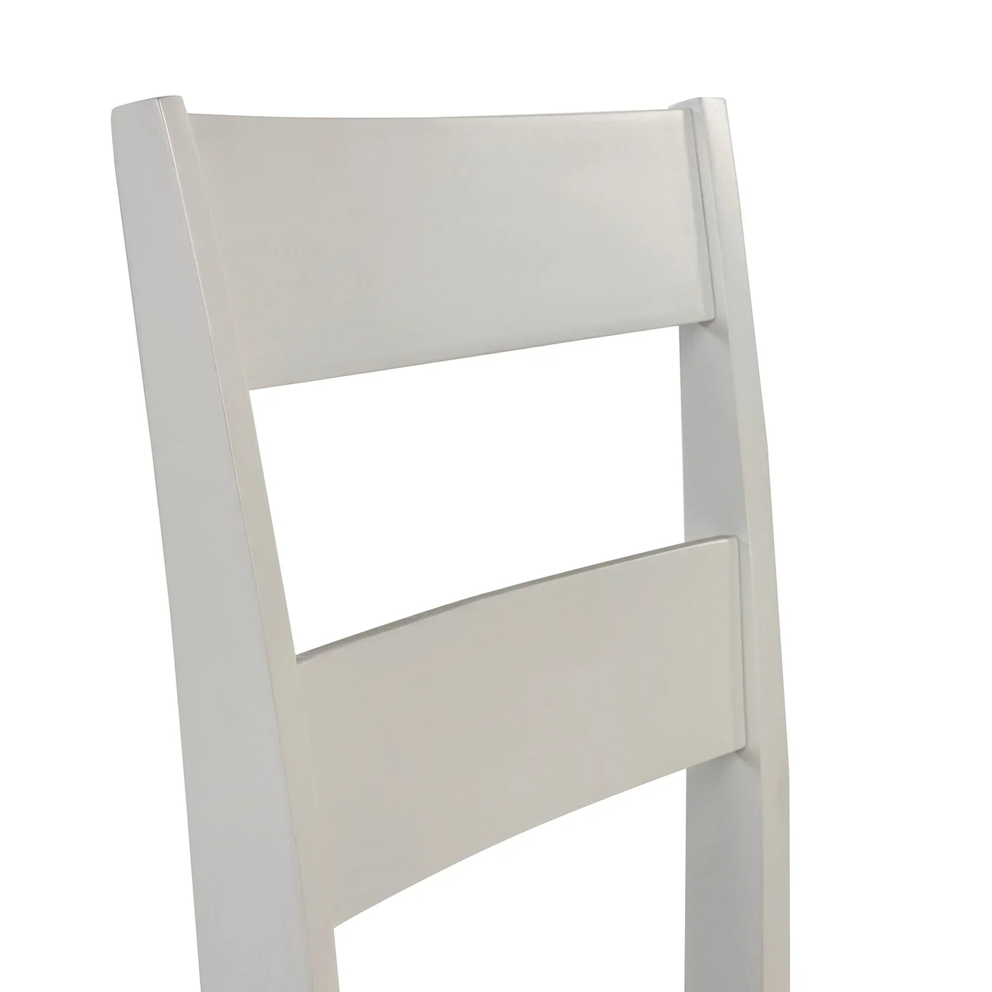 White wooden dining chair backrest with two horizontal slats, close-up angle