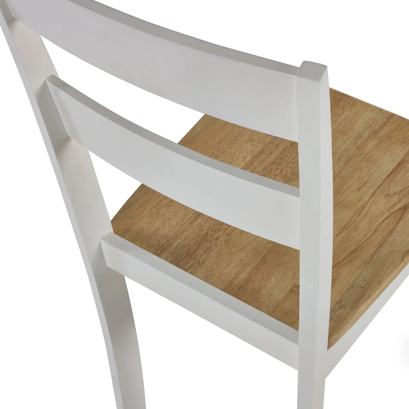 White wooden dining chair with slatted backrest and light oak seat, rear angle view