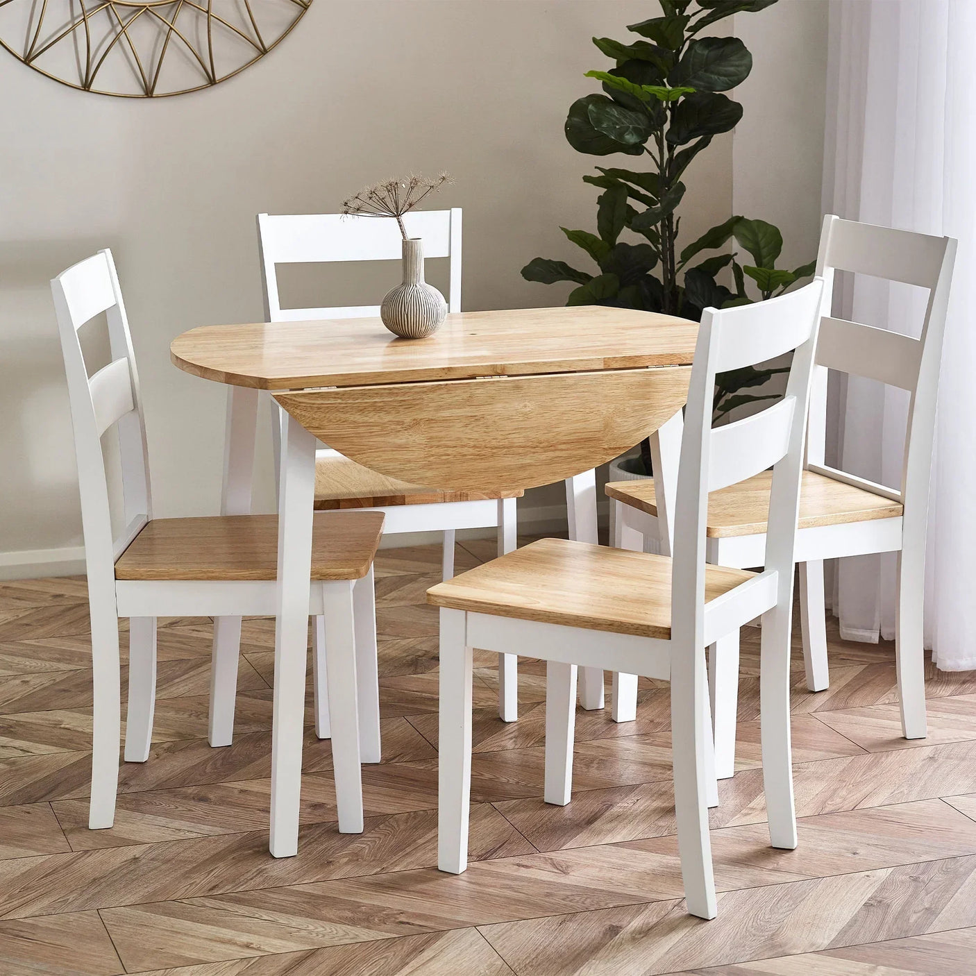 Light wood dining chair with white frame around matching dining table in modern room