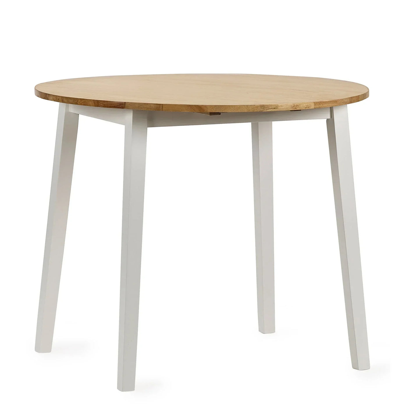 Round drop leaf dining table with light wood top and white legs, isolated on white background