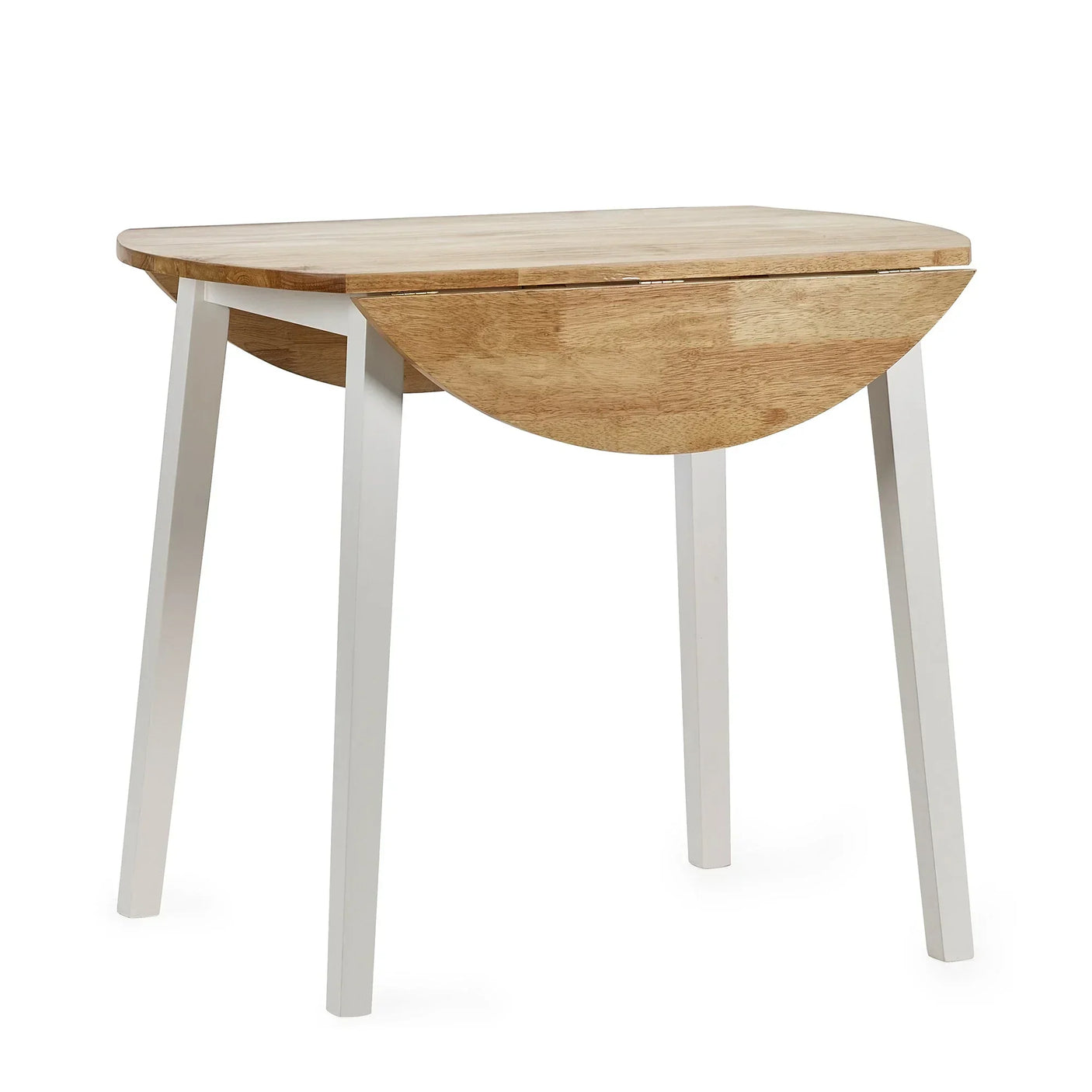 Round drop leaf dining table with natural wood top and white legs, leaf partially extended