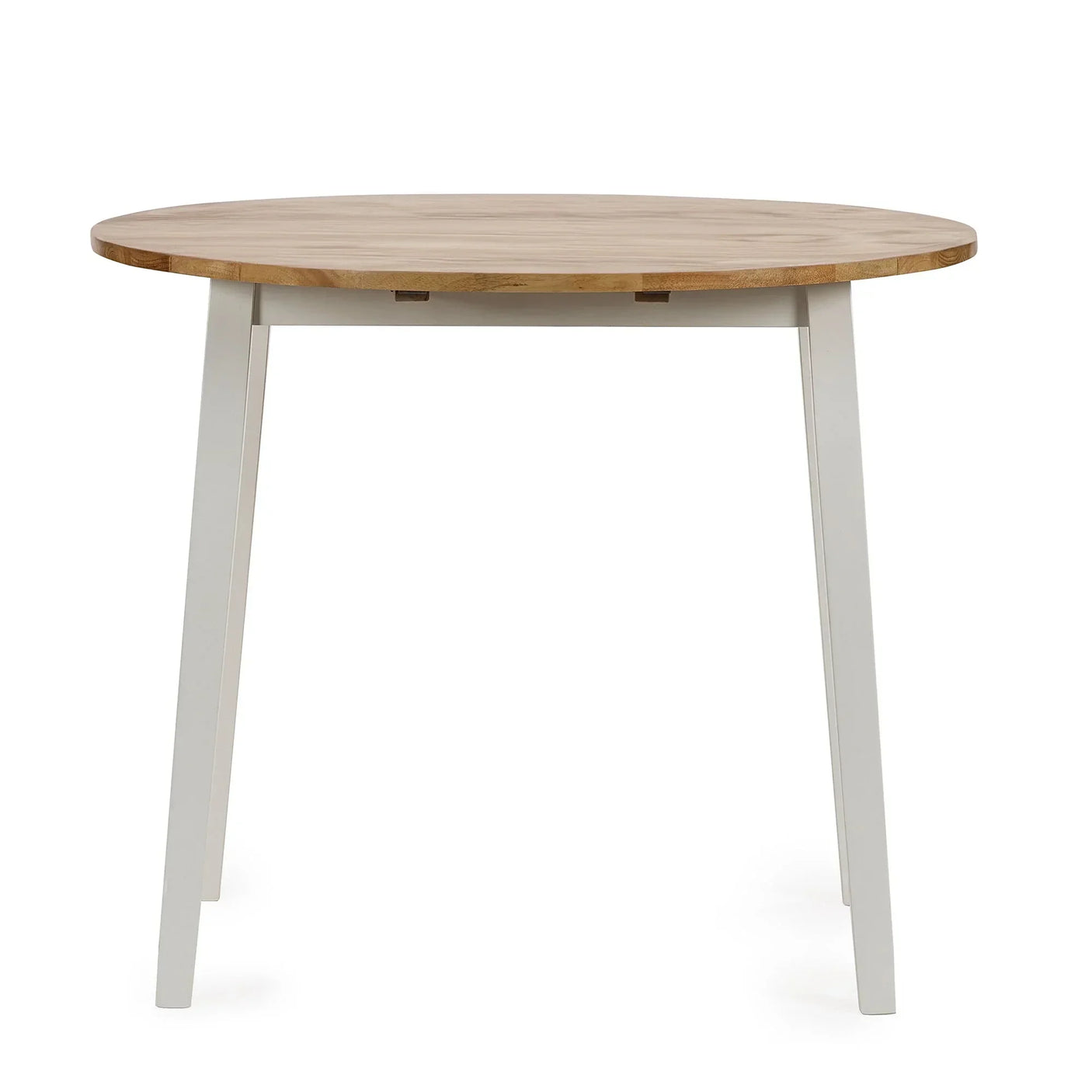 Round drop leaf dining table with light wood top and white legs, front view