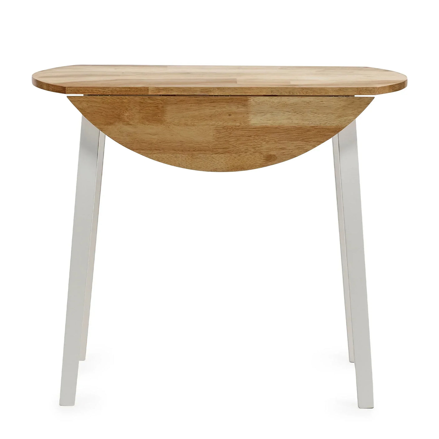 Round drop leaf dining table with natural wood top and white legs, half leaf folded down