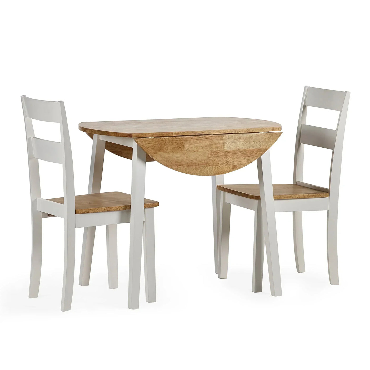 Round drop leaf dining table with two ladder-back chairs in white and natural wood finish