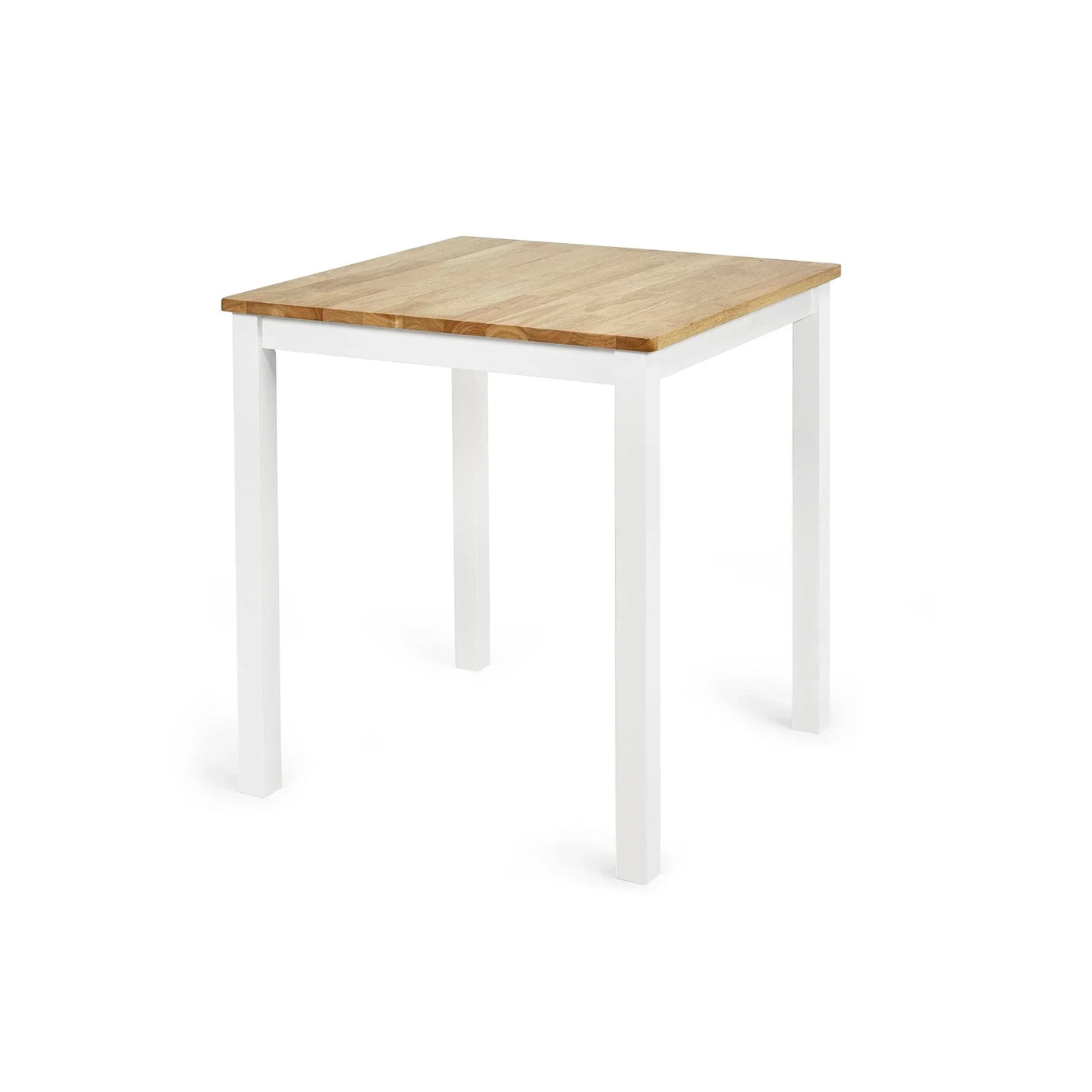 Square dining table with oak top and white legs against plain background
