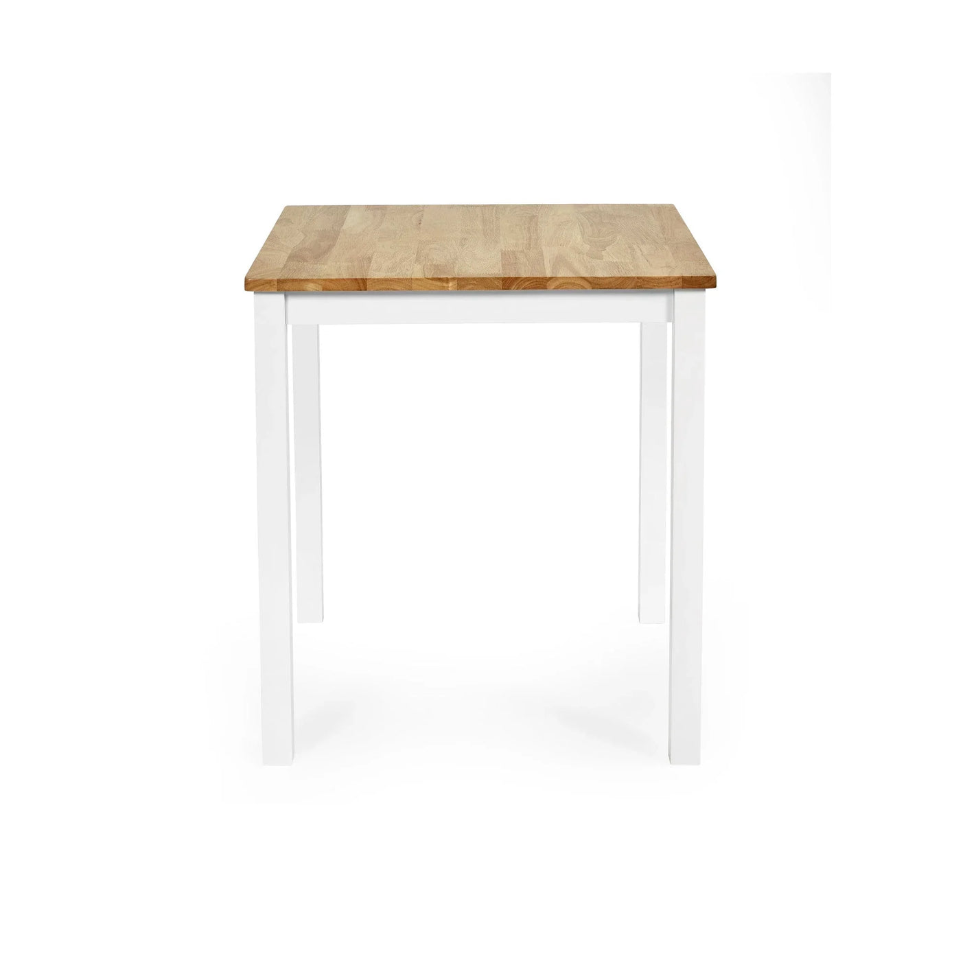 Square dining table with light wood top and white legs, front view on white background