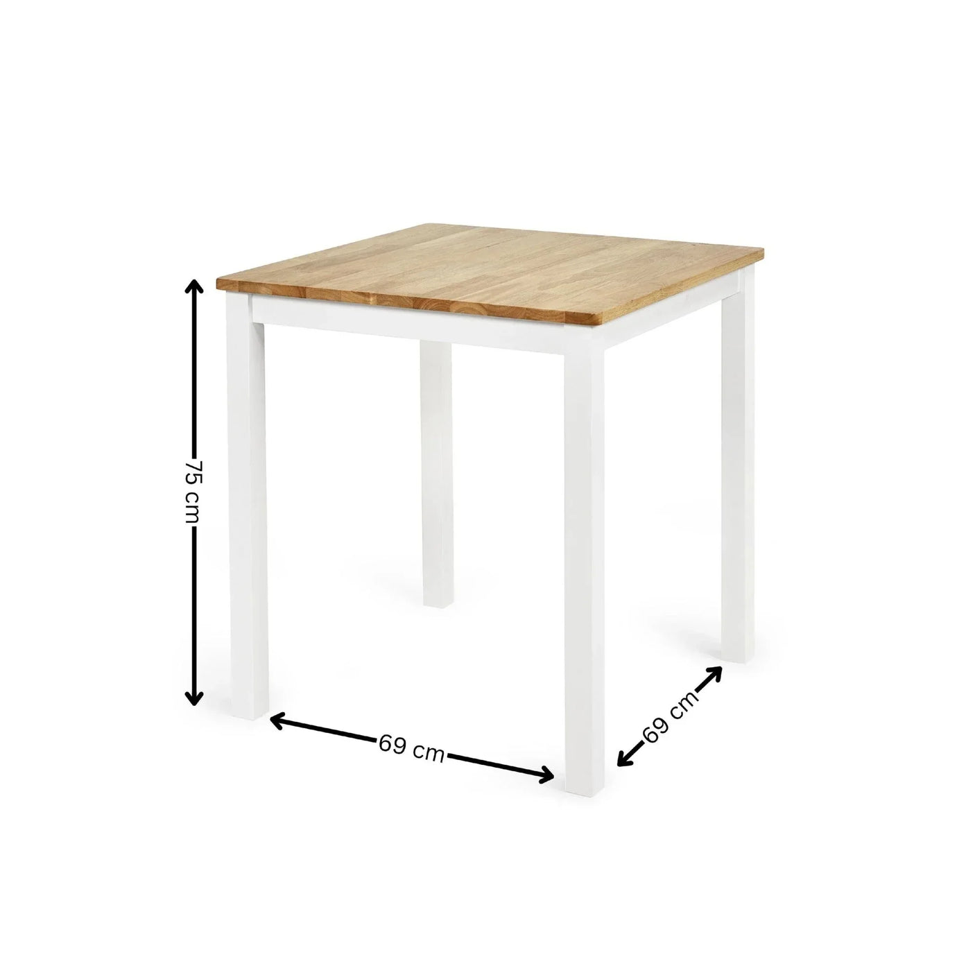 Square dining table with white legs and light wood top, 75cm high and 69cm wide