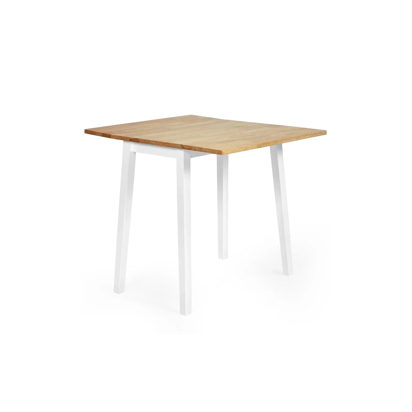 Square dining table with oak wood top and white metal legs on white background