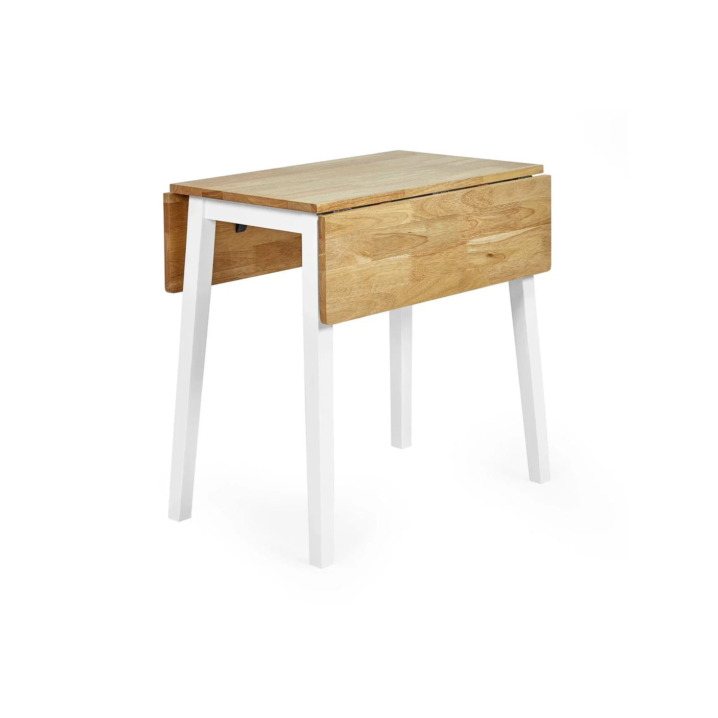 Drop leaf dining table with natural wood top and white legs, shown at an angle