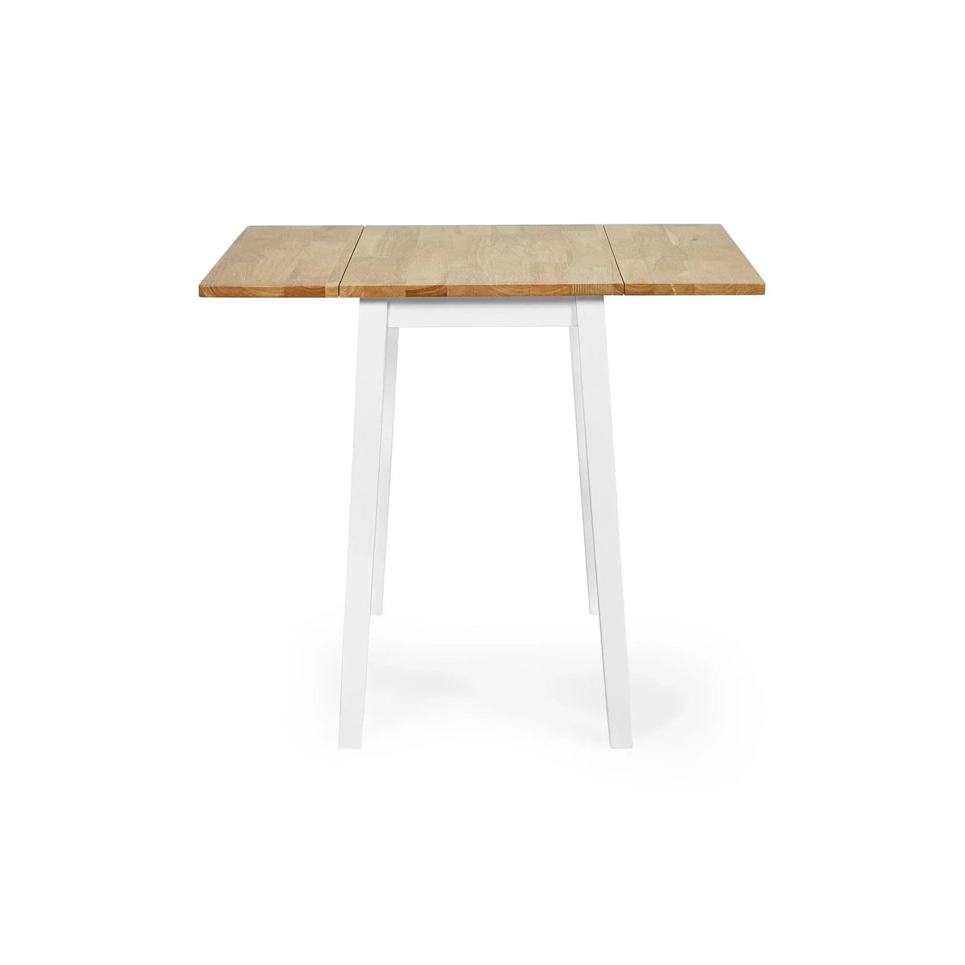 Rectangular dining table with light wood top and white legs, front view