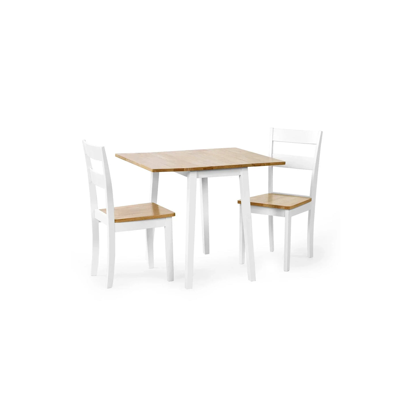 Modern dining table set with two white chairs and a light wood tabletop and seats