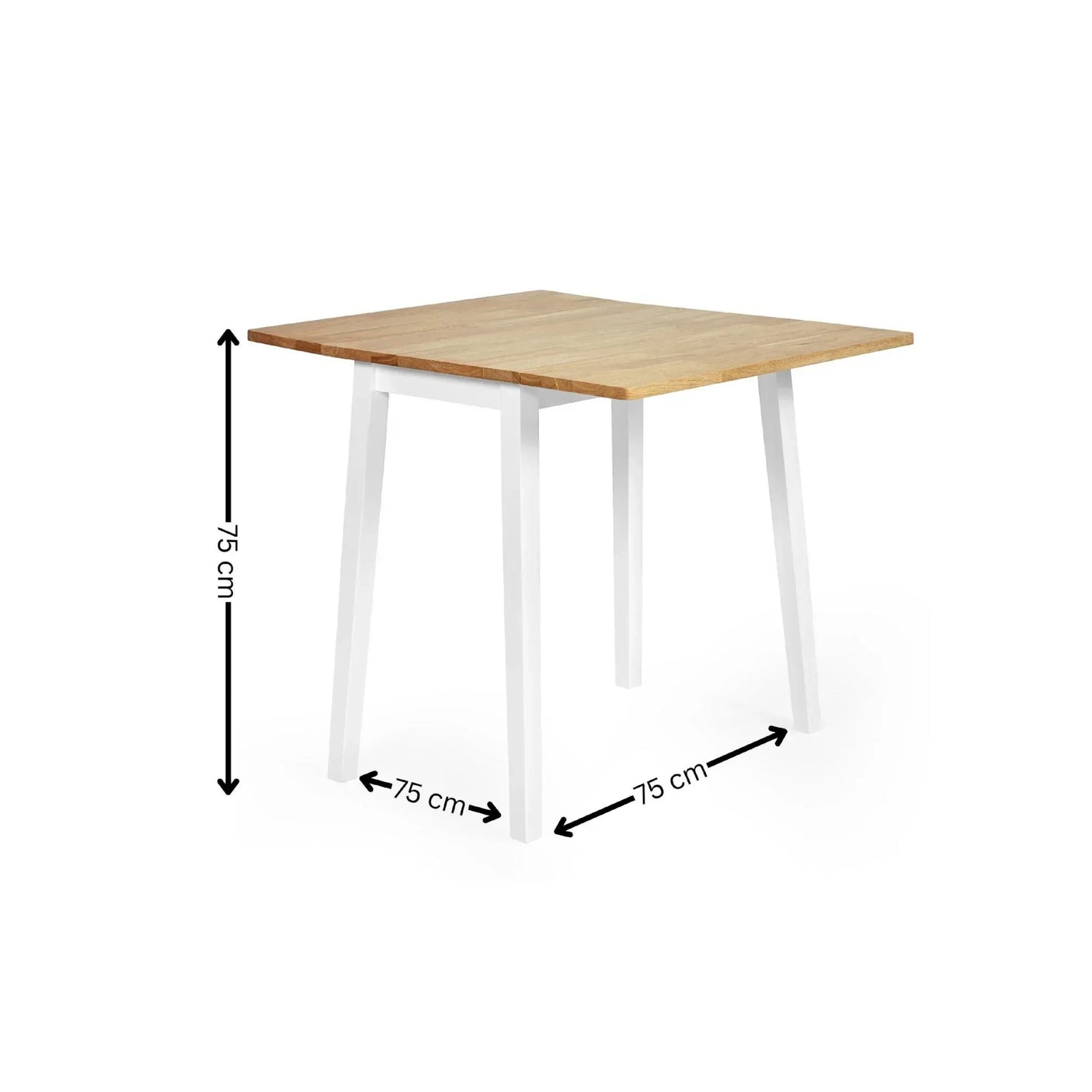 Square dining table with light wood top, white legs, and size dimensions 75 x 75 cm