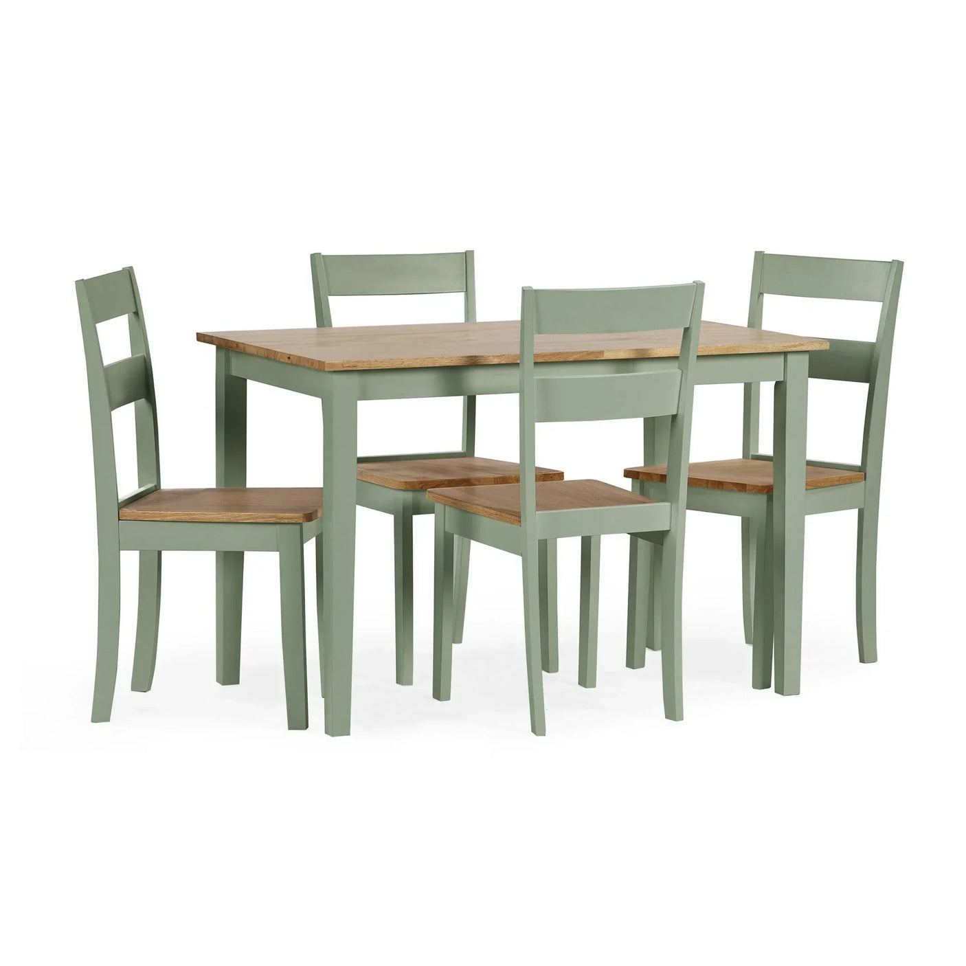 Green wooden dining table with four matching chairs, oak finish tabletop and seats