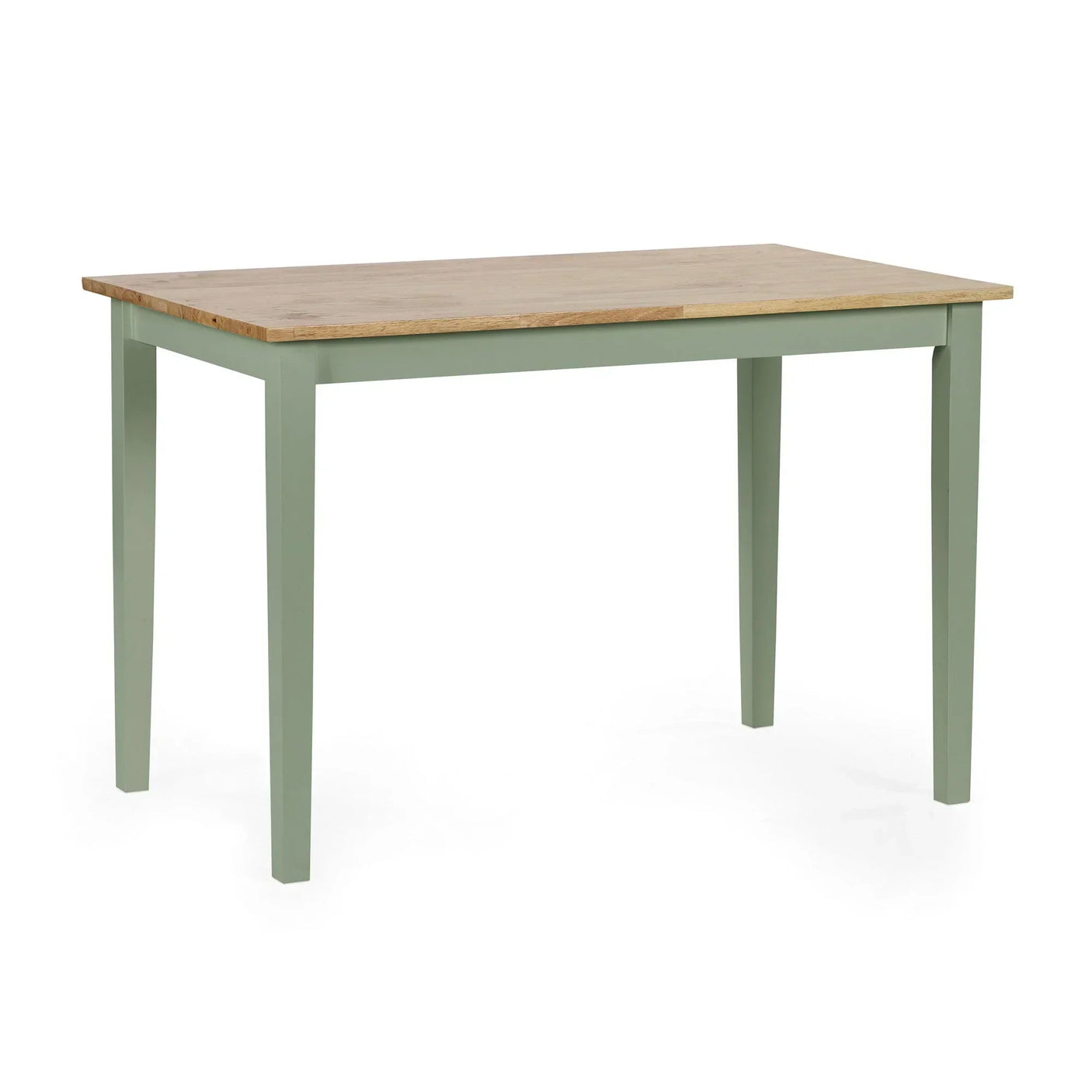 Rectangular wooden dining table with light green legs and natural wood top