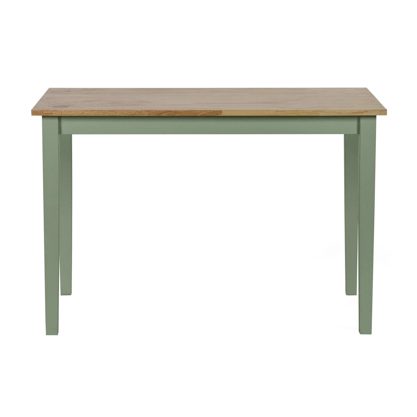 Rectangular dining table with natural wood top and green painted legs, front view