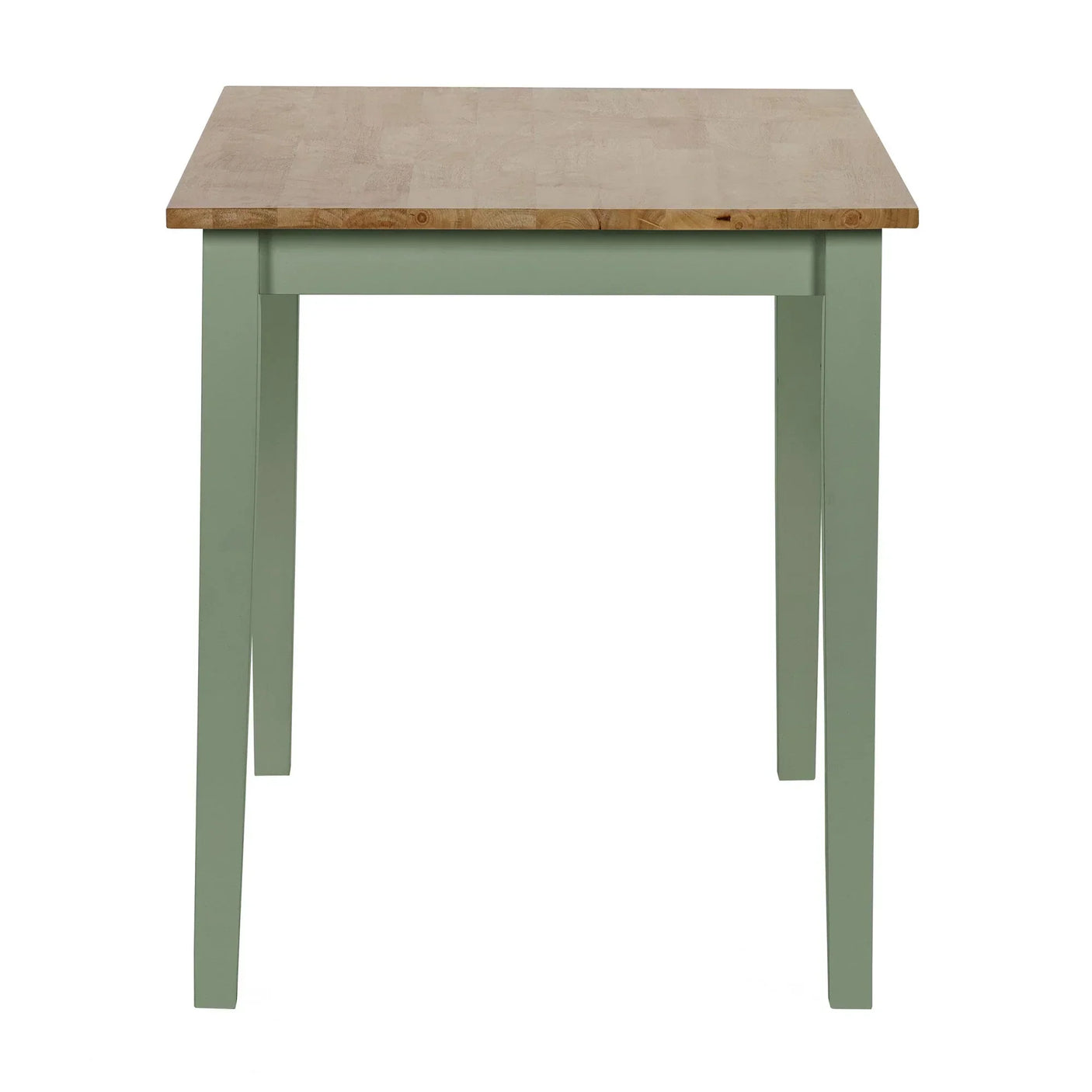Square dining table with light wood top and sage green legs, front view