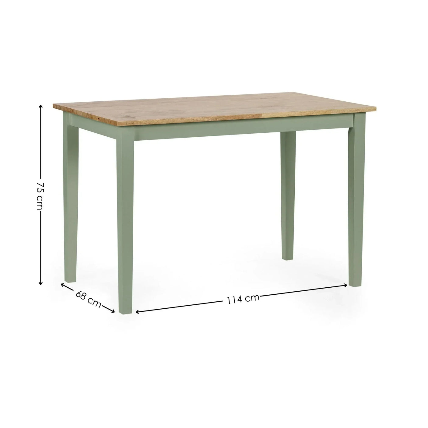 Wooden dining table with light green frame, oak top, and dimensions 114x68x75 cm shown