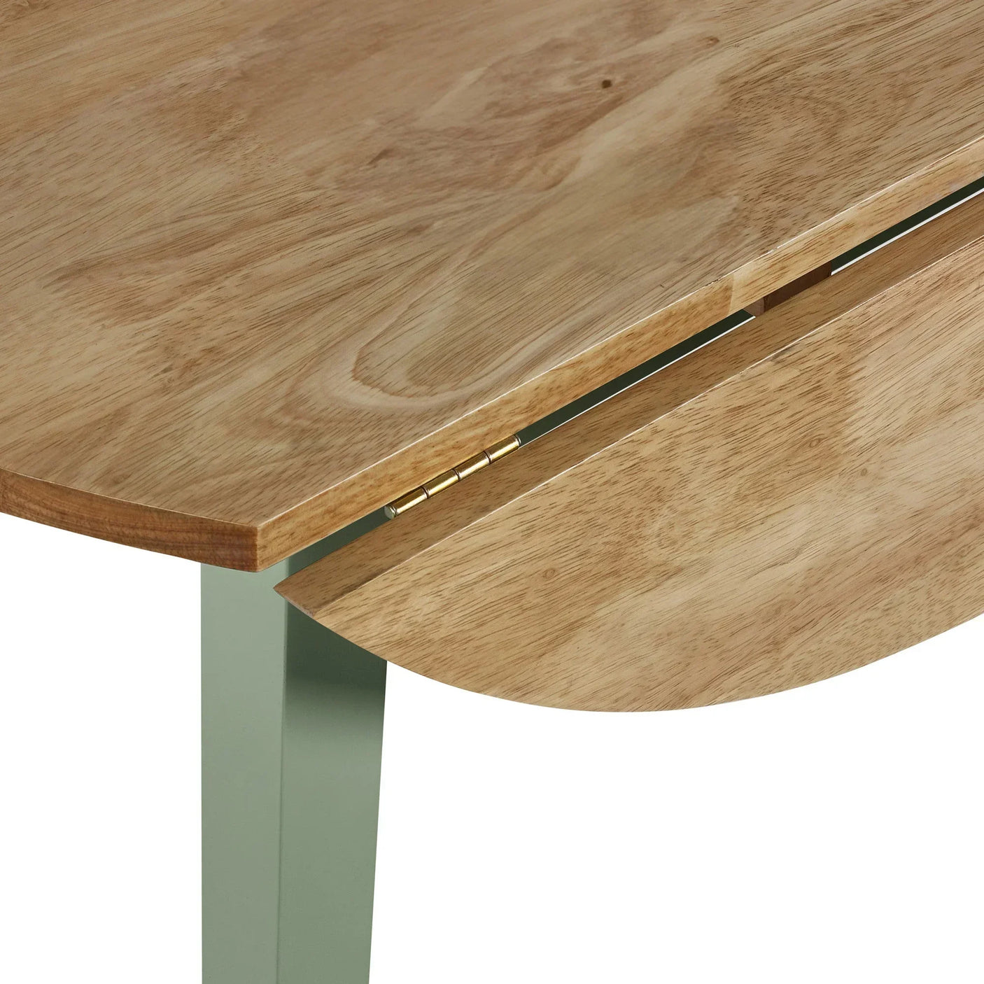 Closeup of wood dining table drop leaf with natural finish and green leg