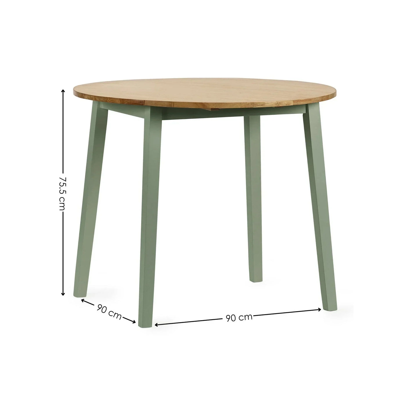 Round wooden dining table with green legs, 90 cm diameter, 75.5 cm height, white background
