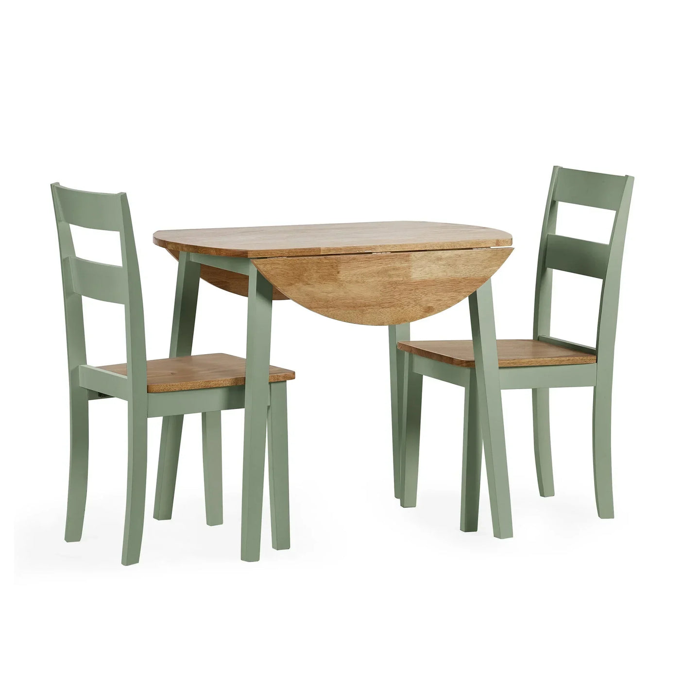 Green and wood dining set with drop leaf table and two chairs on white background