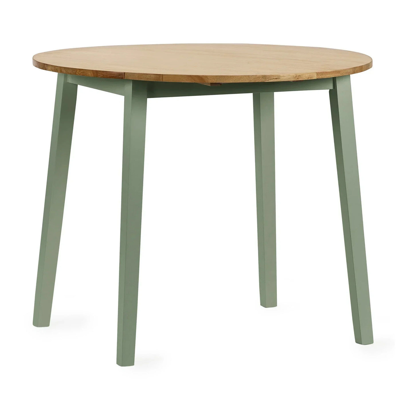 Round dining table with natural wood top and green painted legs, front angle view