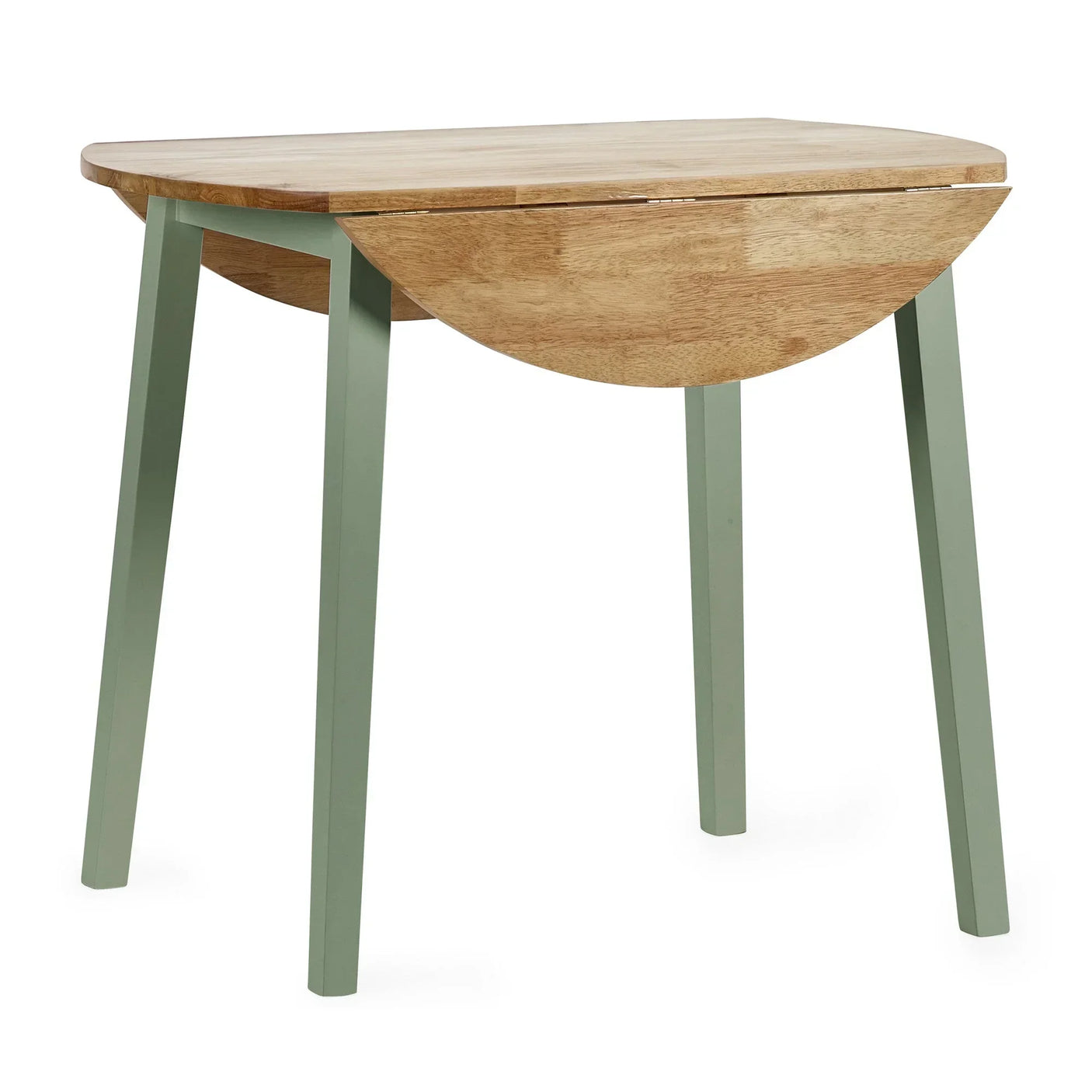 Drop leaf dining table with natural wood top and green legs, shown with one leaf folded