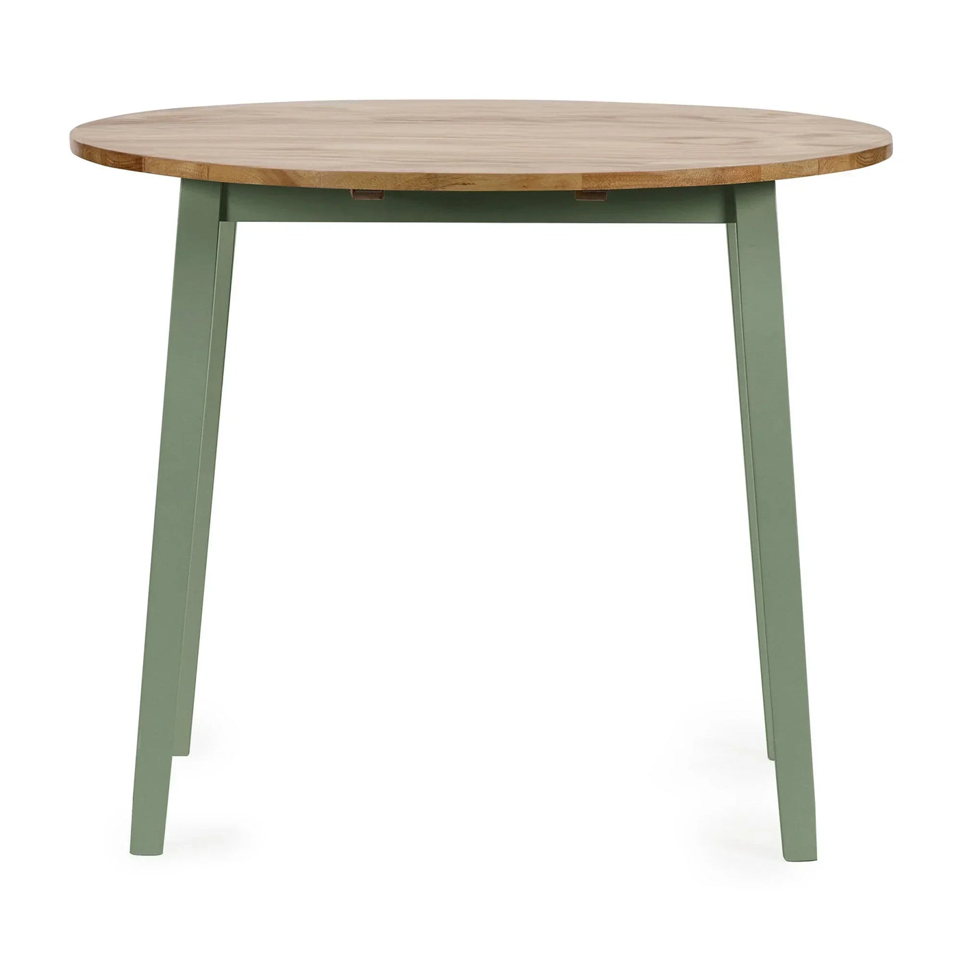 Round dining table with light wood top and green angled legs