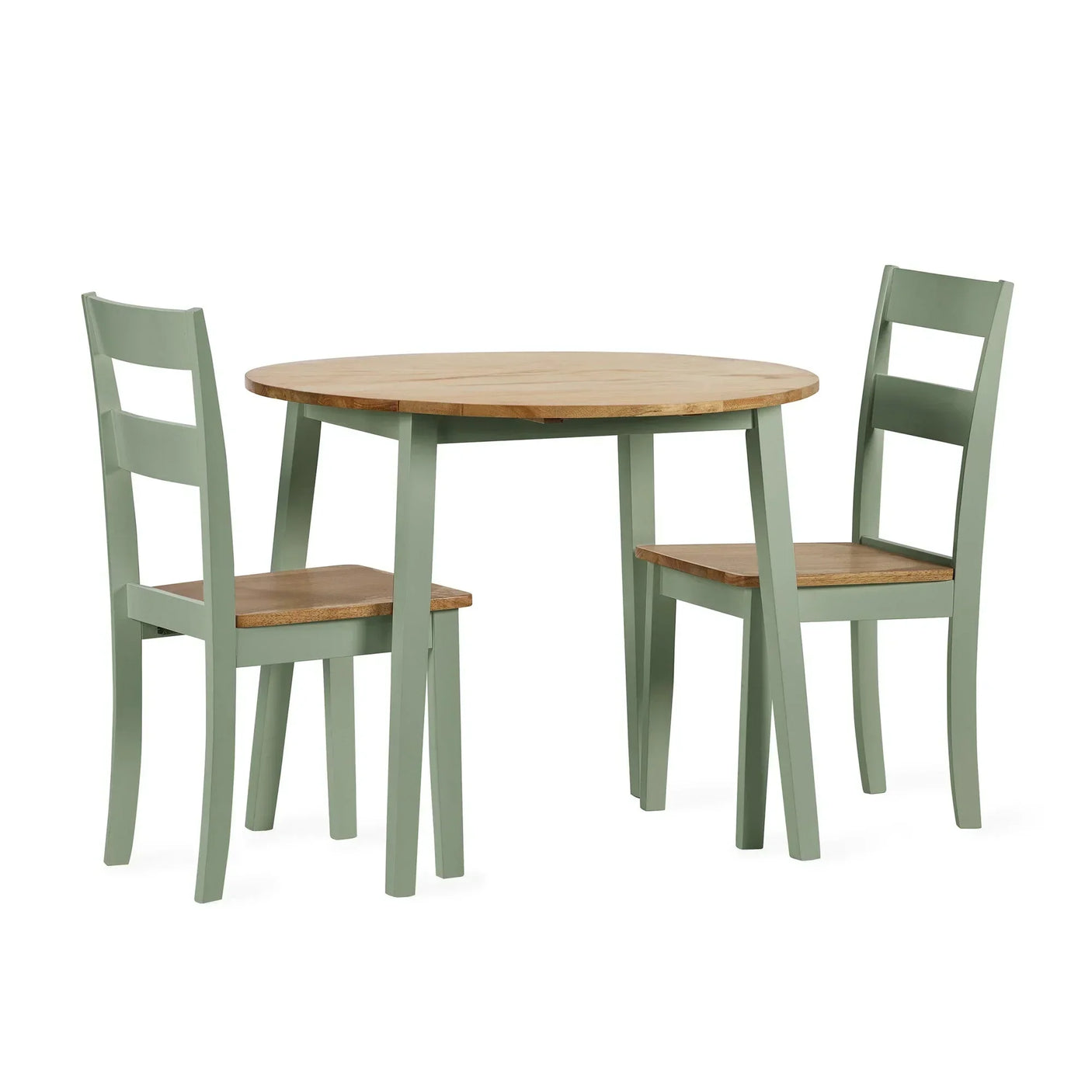 Round dining table set with light wood top and two sage green chairs