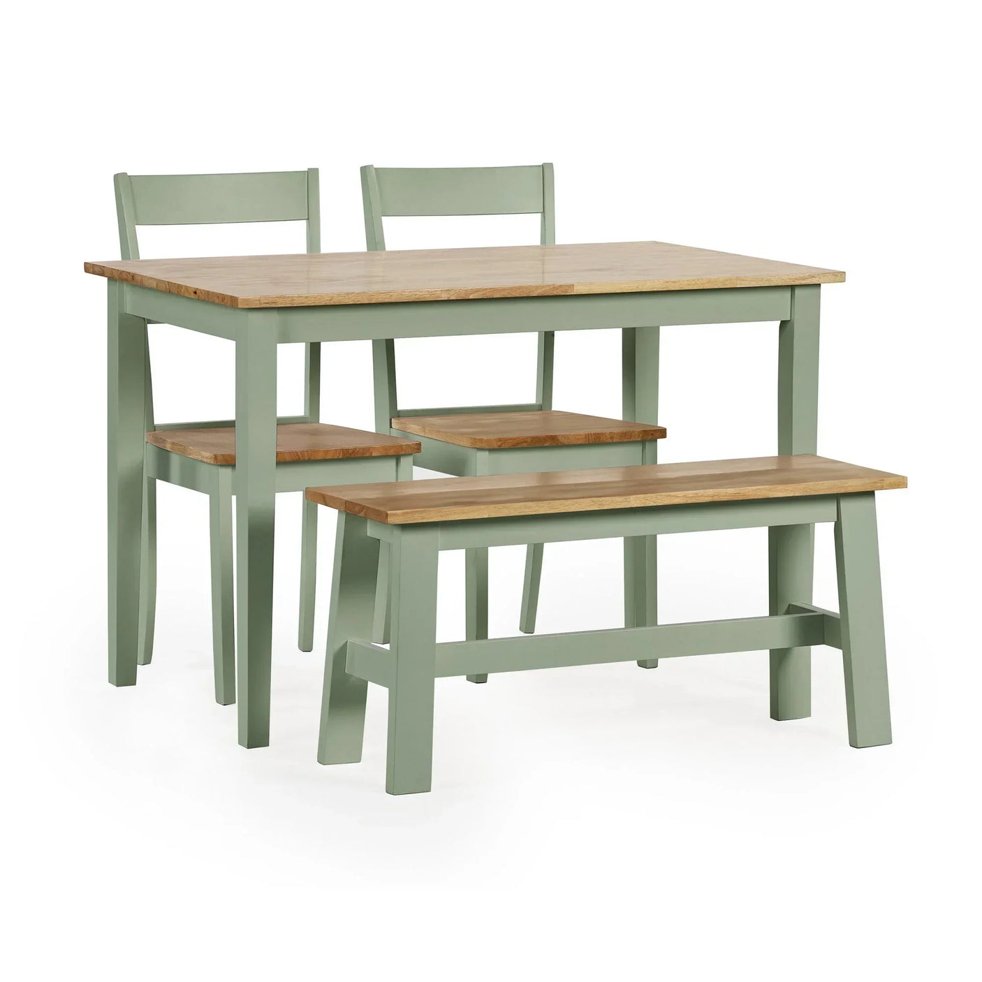 Green dining table set with two chairs and matching bench, oak tops, modern style