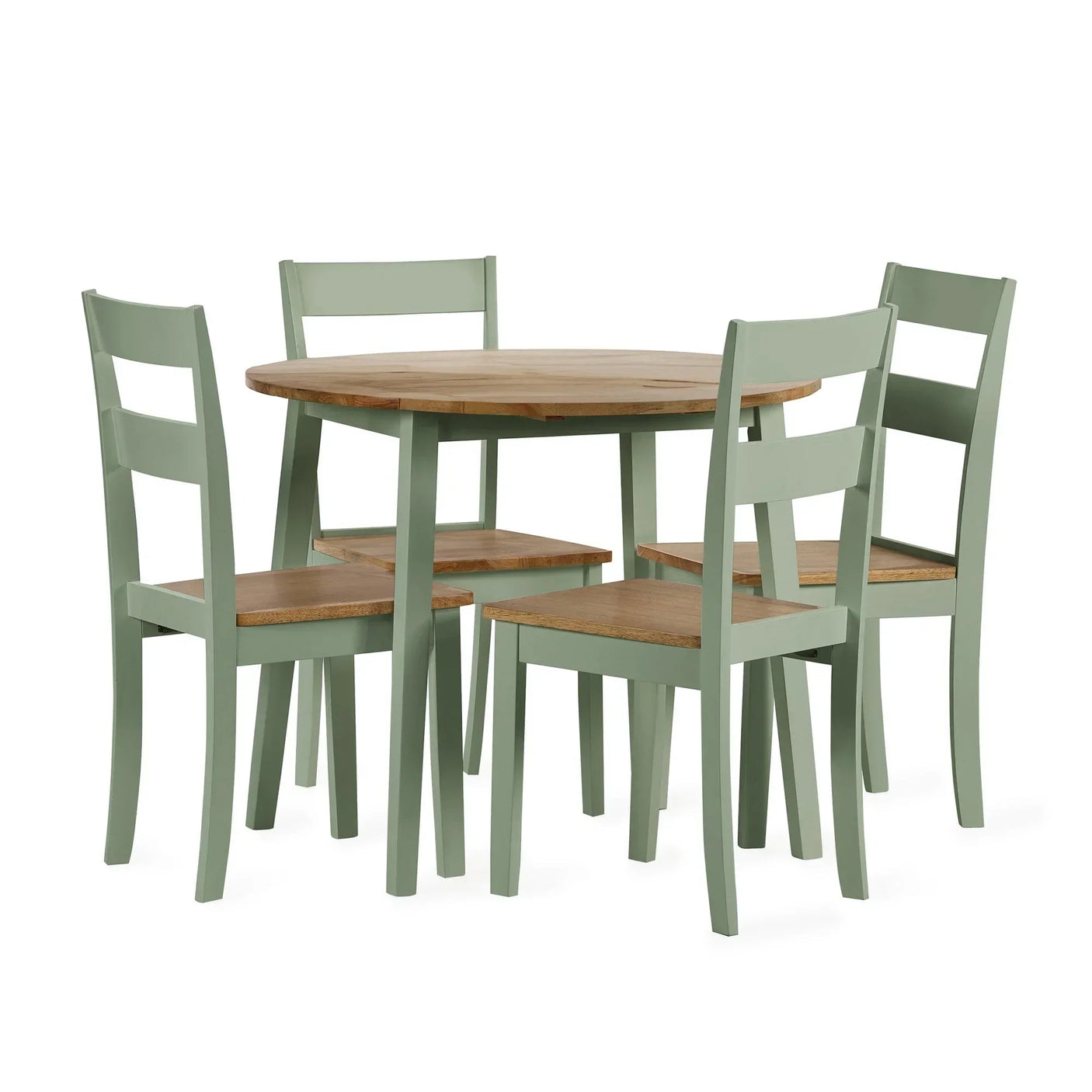 Green wood dining table set with four matching chairs and natural wood seats