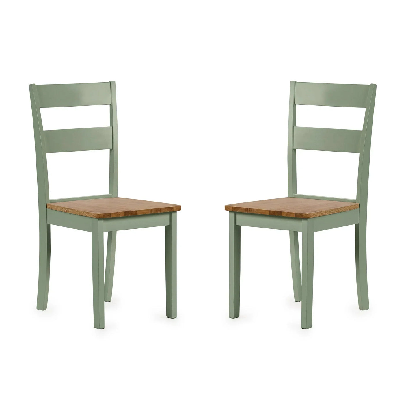 Pair of sage green wooden dining chairs with natural wood seats and ladder backs