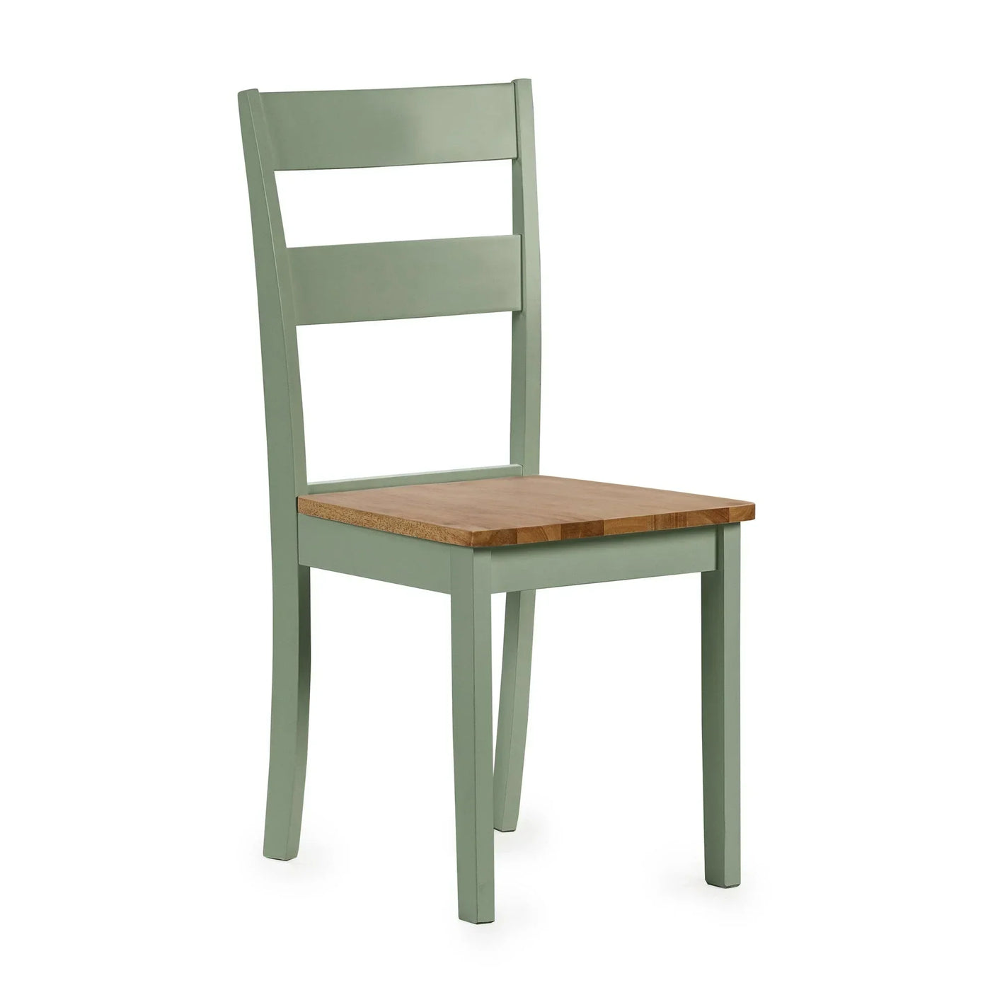 Green wooden dining chair with a natural oak seat, shown at a side angle