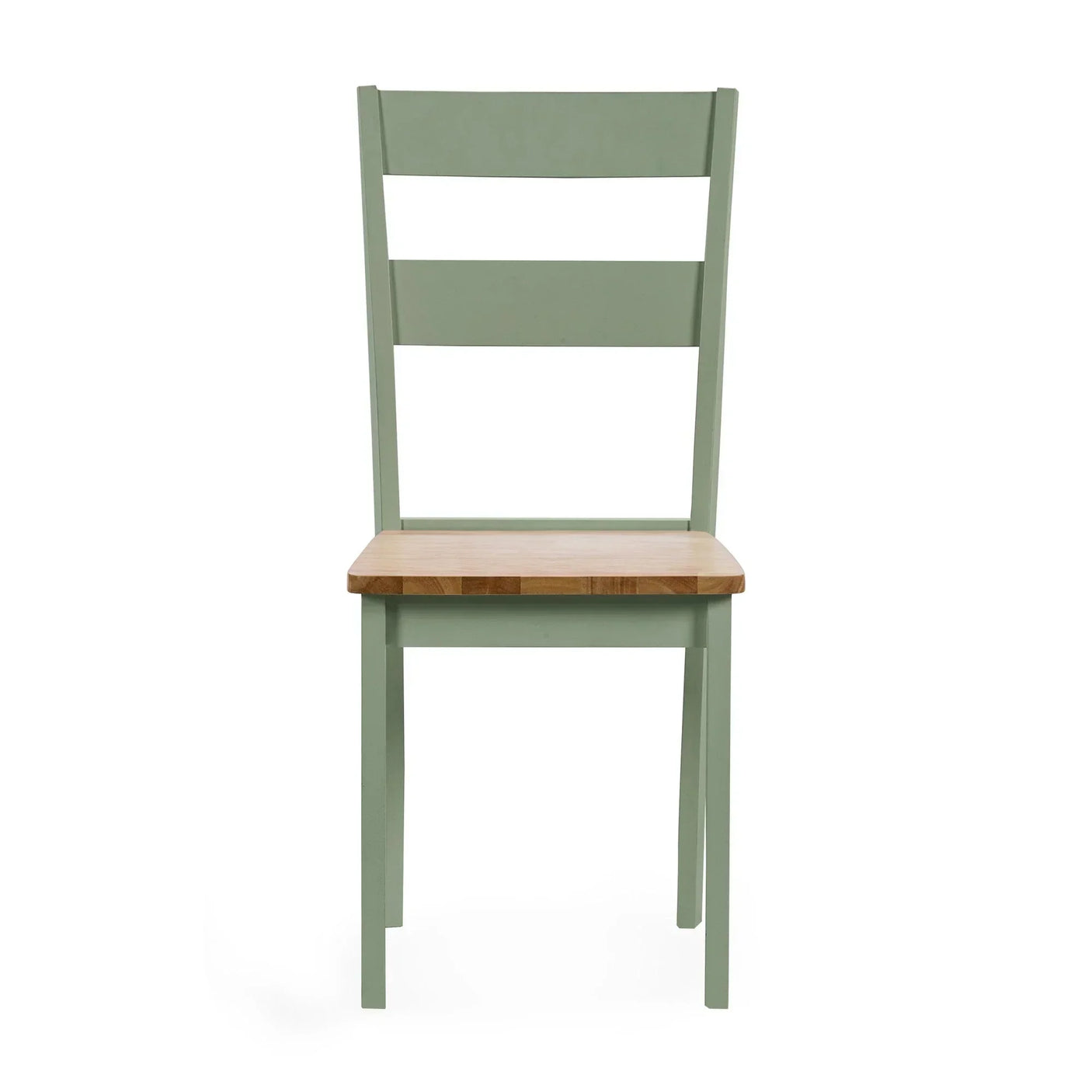 Green wooden dining chair with slatted back and natural wood seat, front view