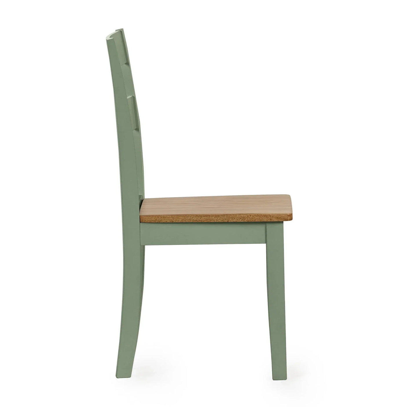 Side view green wooden dining chair with natural oak seat