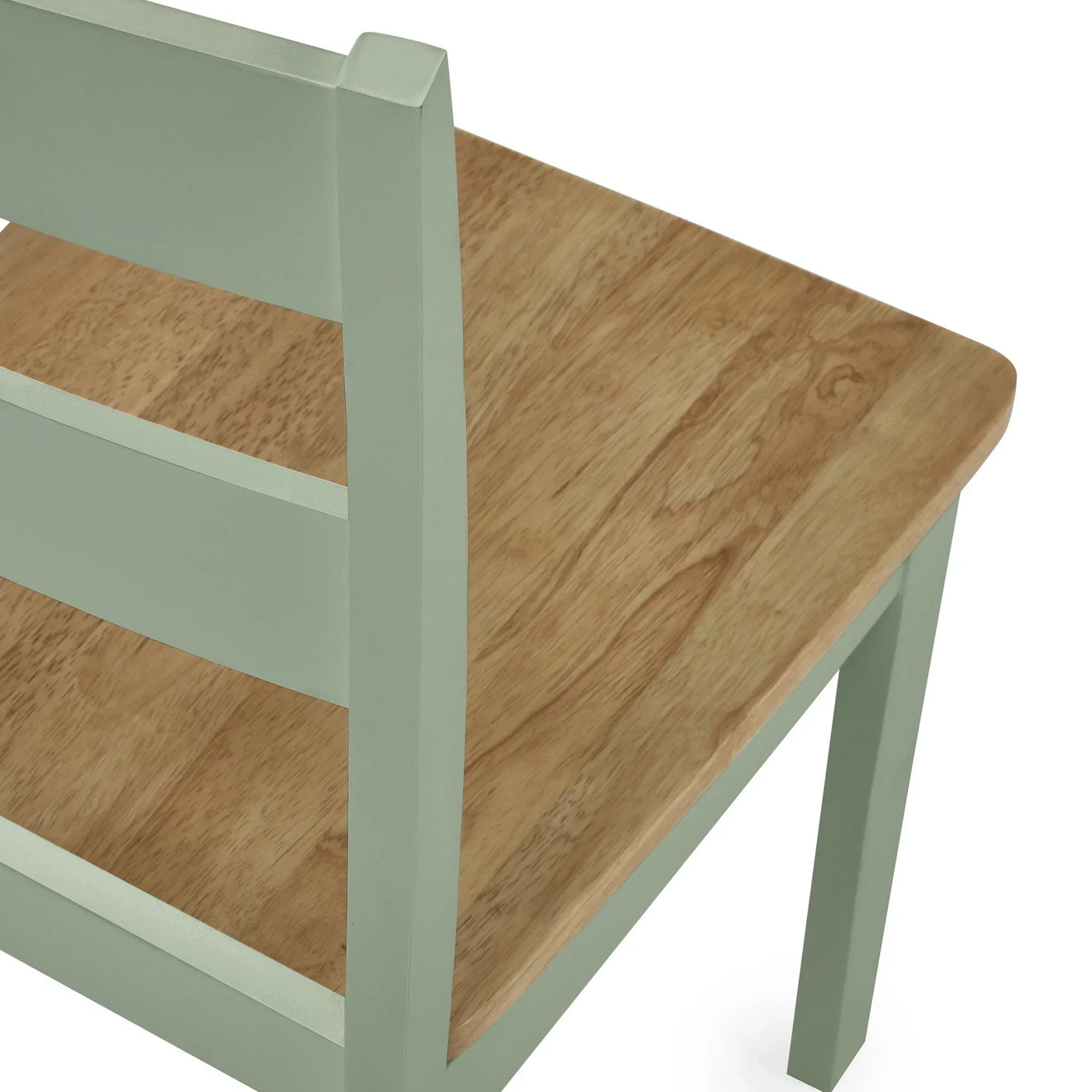 Close view of wooden dining chair with sage green frame and natural wood seat