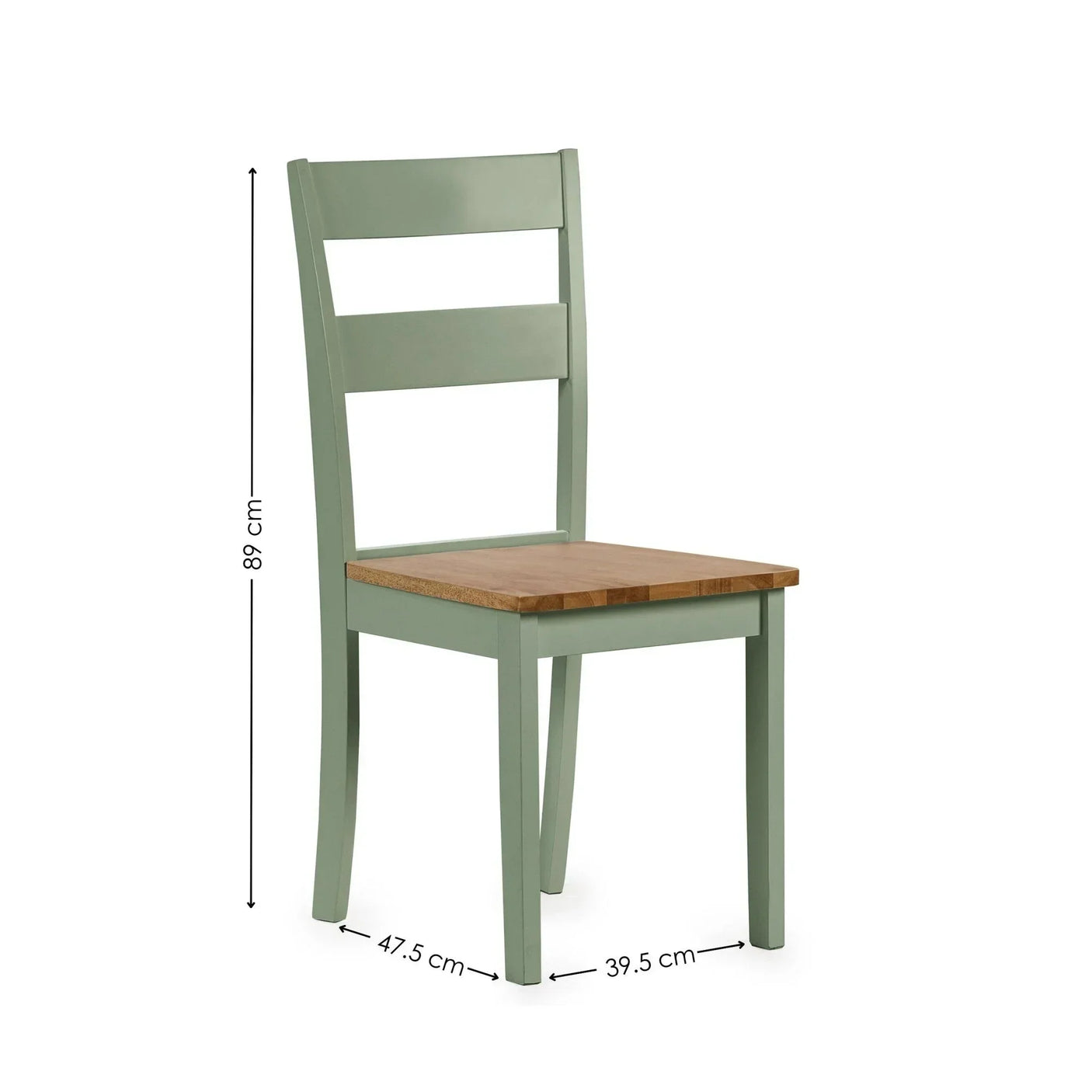Green wooden dining chair with natural wood seat and visible dimensions on white background