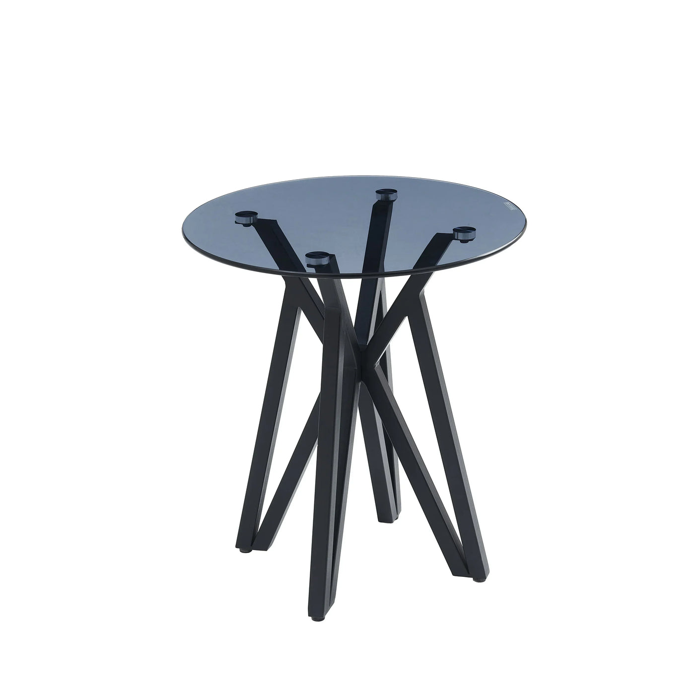 Round glass side table with black geometric metal base on white background