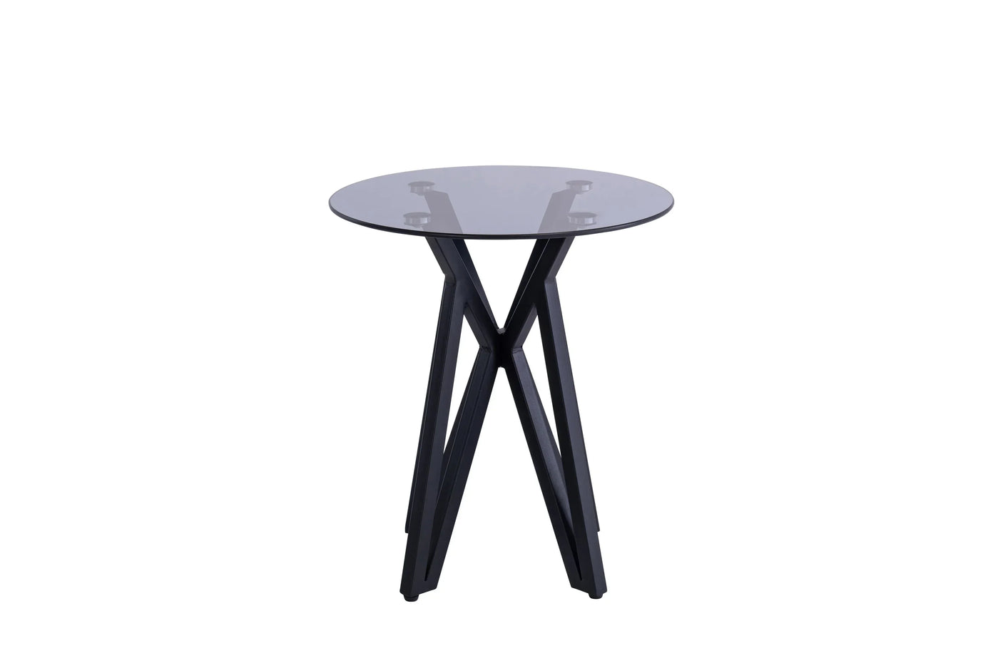 Round glass side table with black metal legs, modern minimalist design