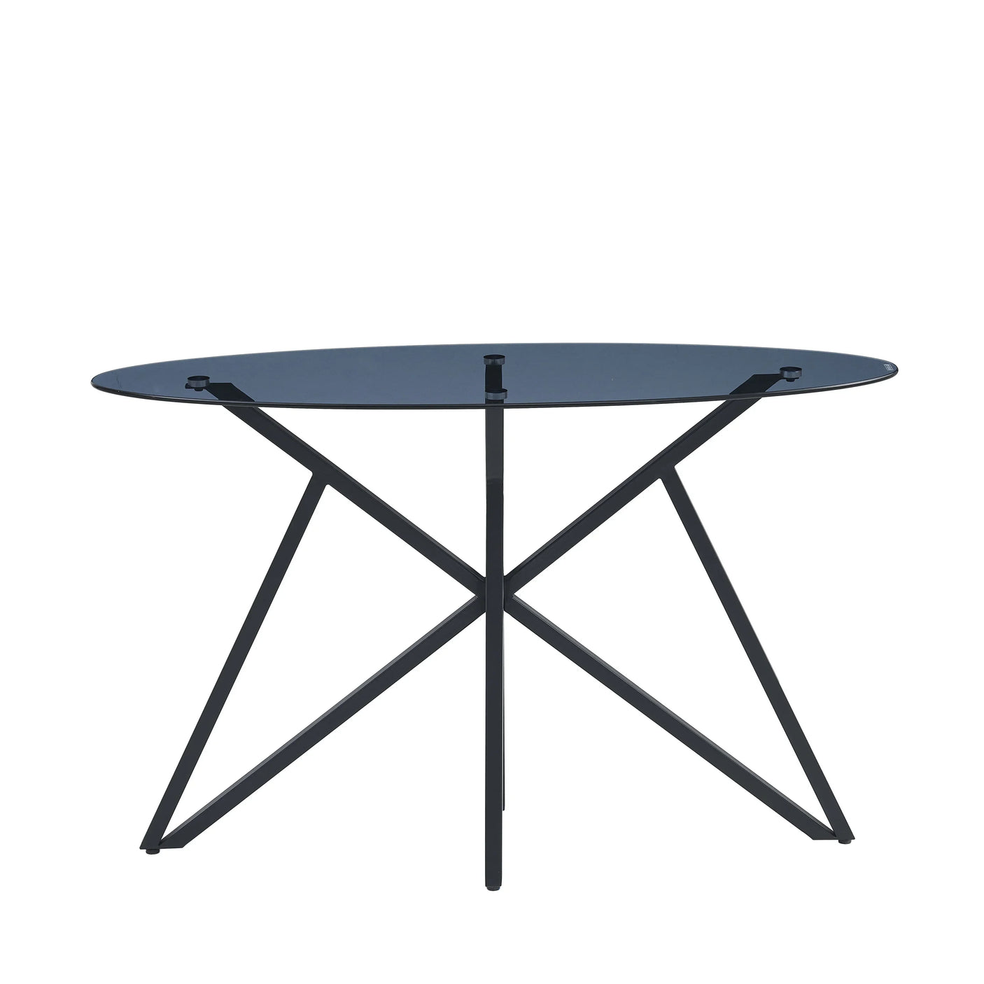 Round glass dining table with black metal frame and angled legs