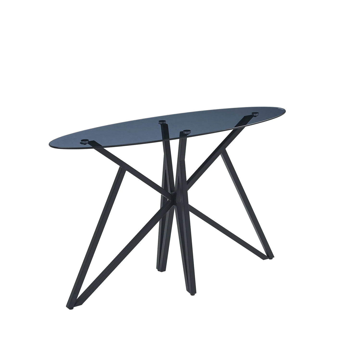 Black glass console table with oval top and modern intersecting metal legs