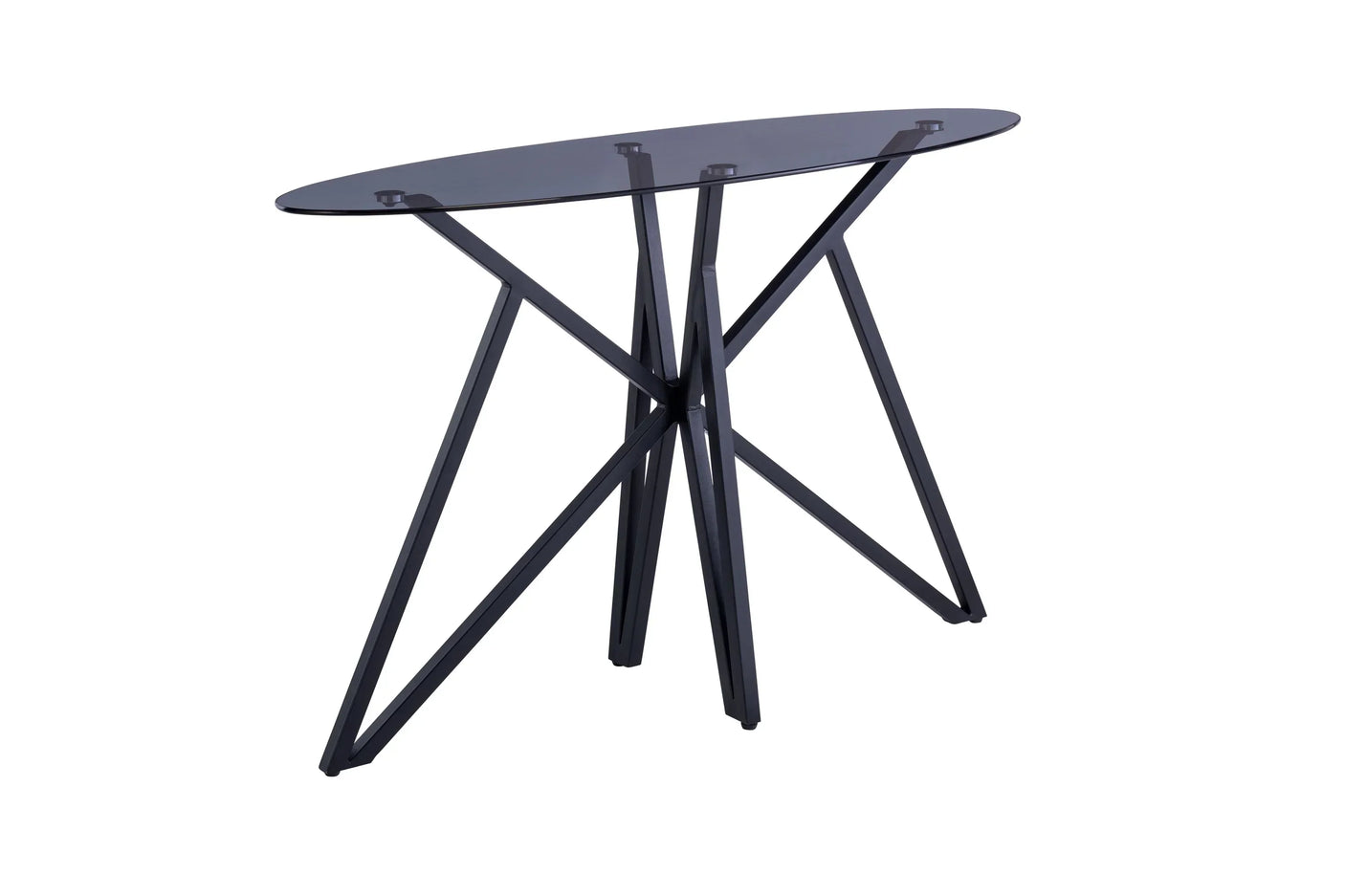 Oval glass console table with black angular metal legs