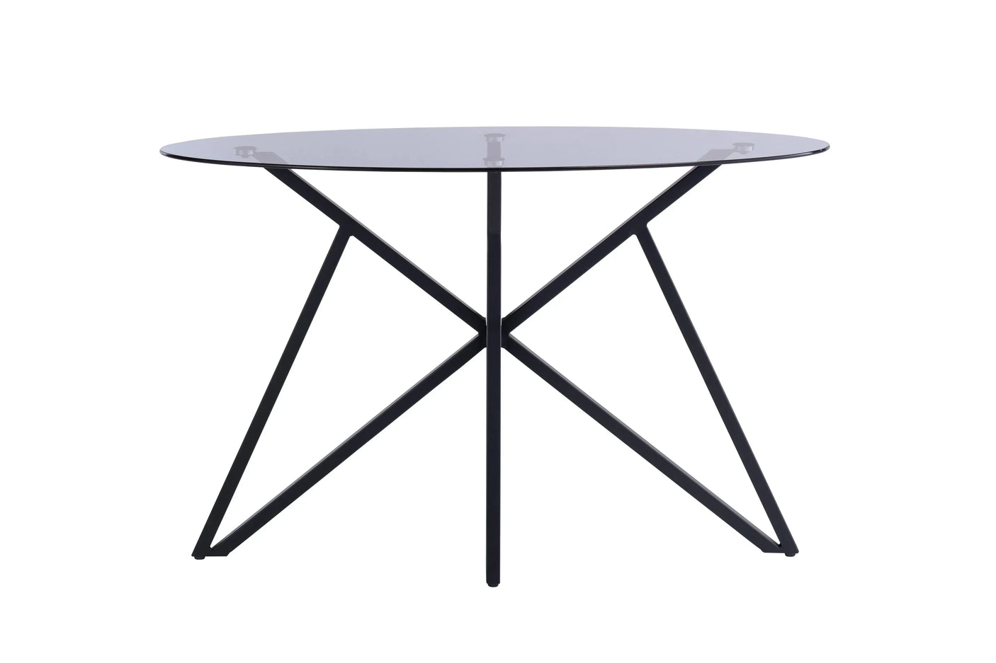 Round glass console table with black metal geometric base on white background