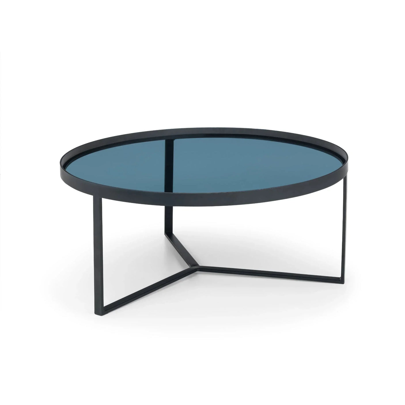 Round smoked glass coffee table with black metal frame and minimalist design
