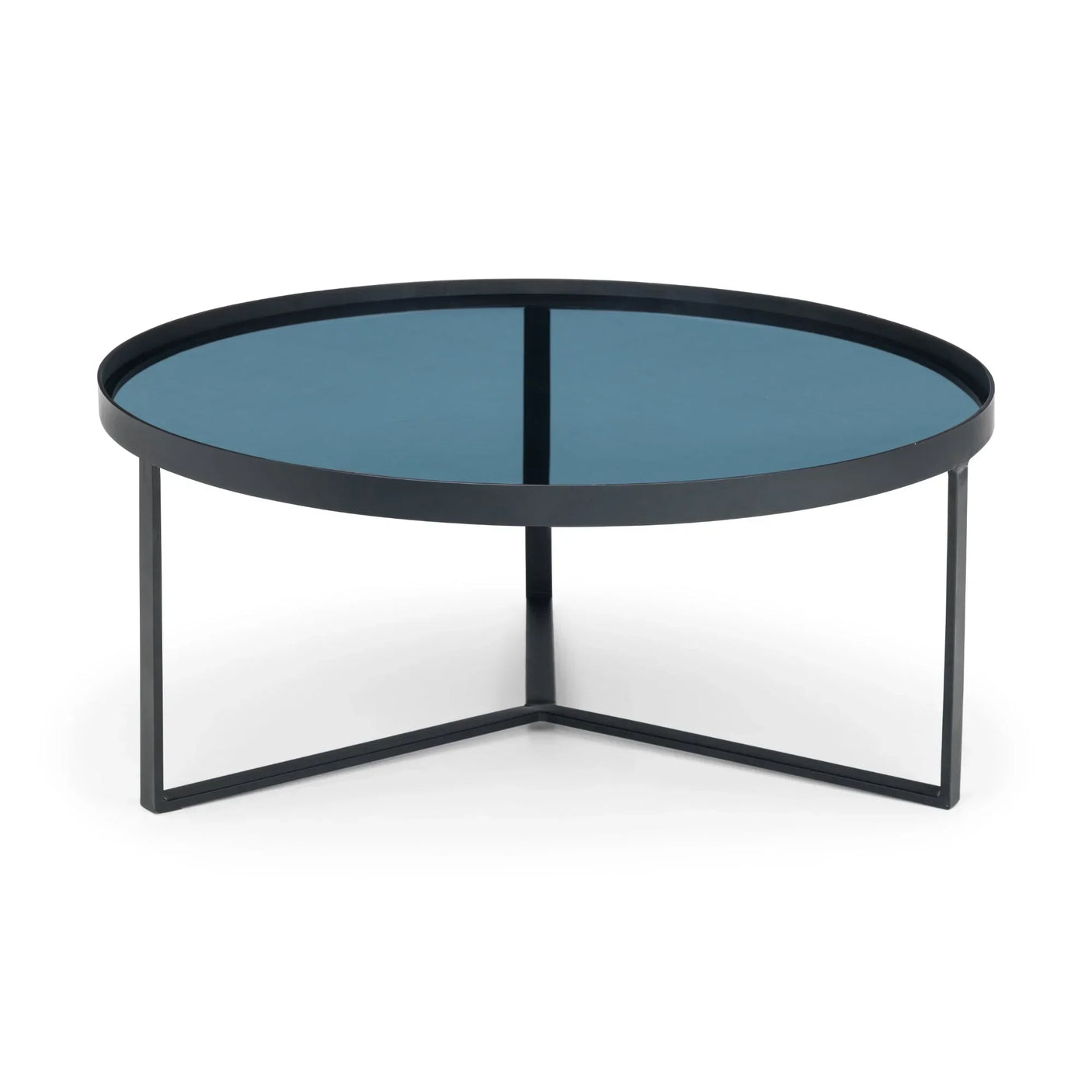 Round smoked glass coffee table with black metal frame and minimalist legs on white background